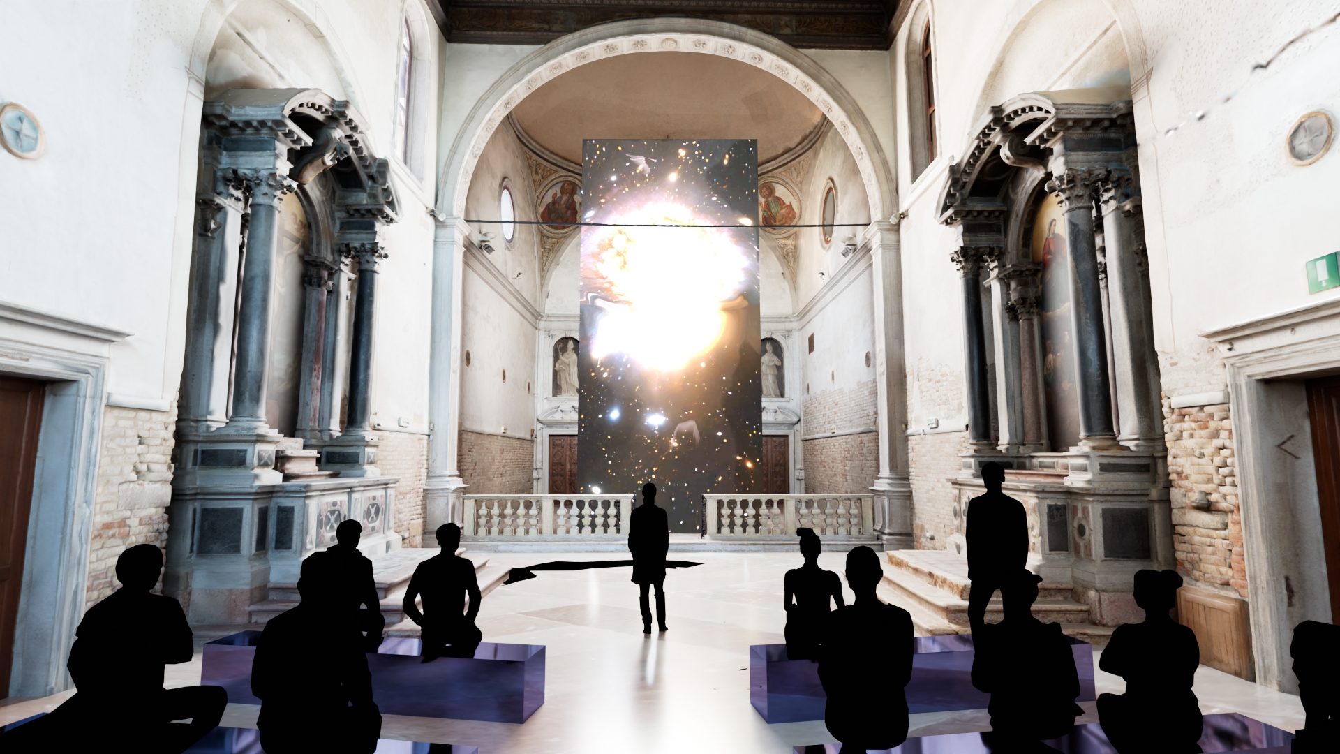 Walter Vanhaearents- a church lit up in white light with an animation of space hanging at the alter and people watching  