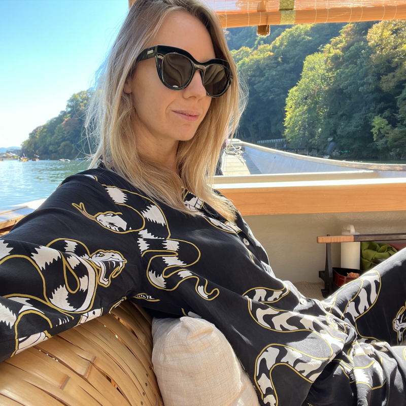 Em Prové, Luxury Textile Designer - wearing Olivia Von Halle print