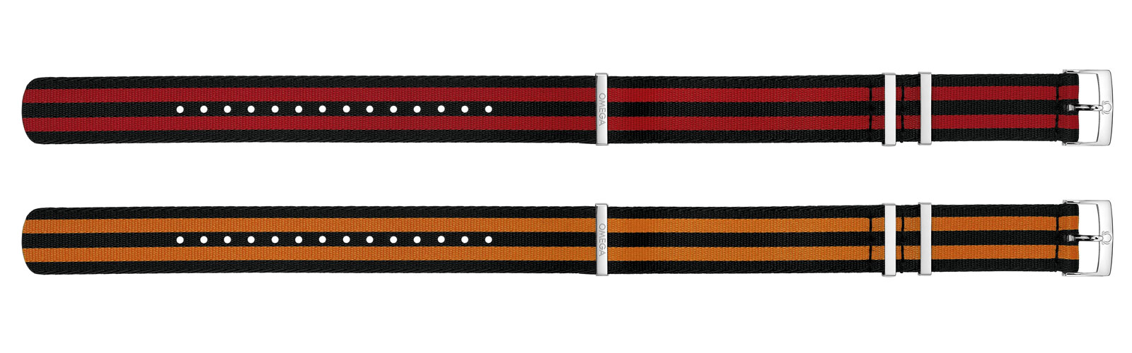 Two of Omega’s eight Nato strap options