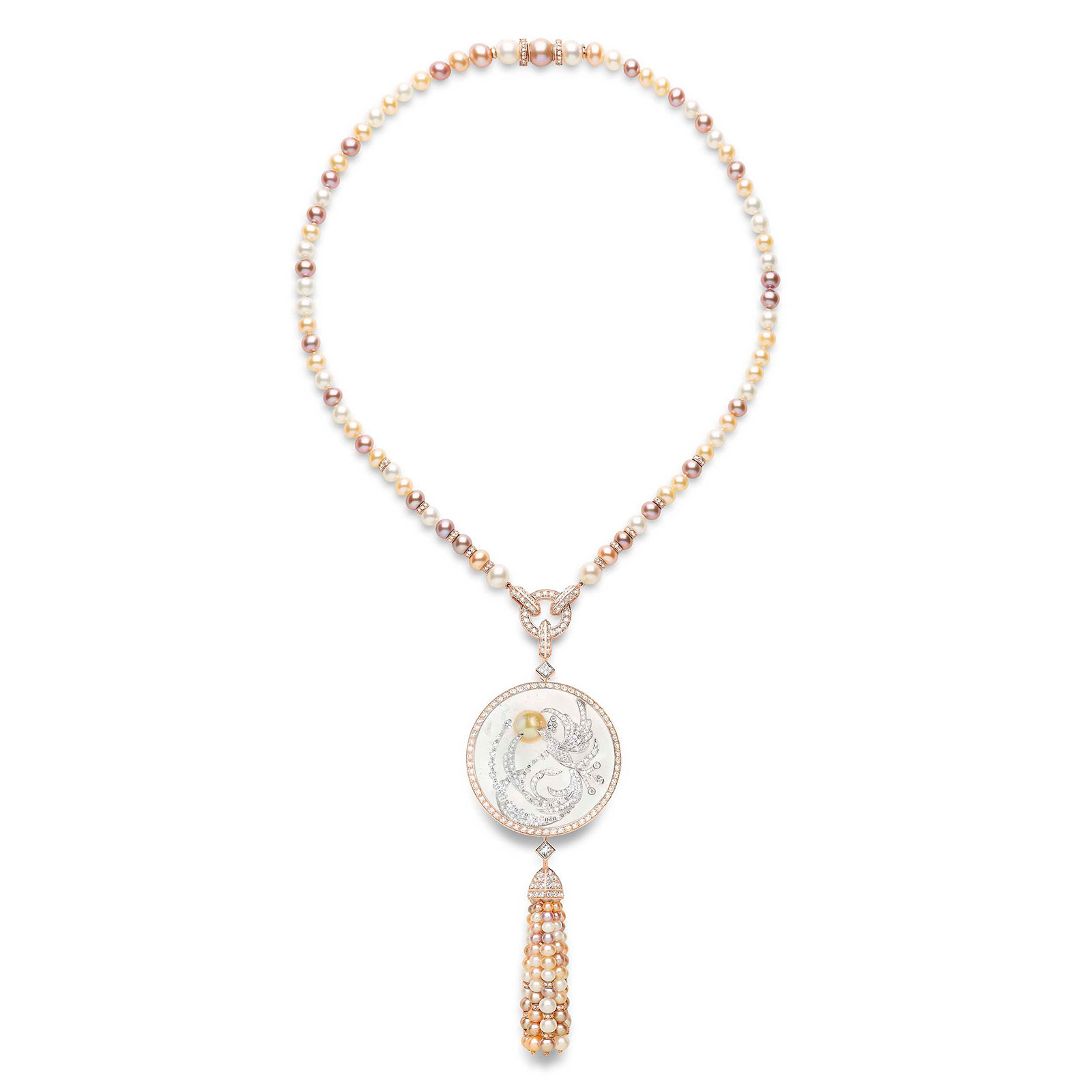 Plume de Paon necklace from Boucheron with diamond-set rock crystal and clustered pearl tassel necklace-brooche