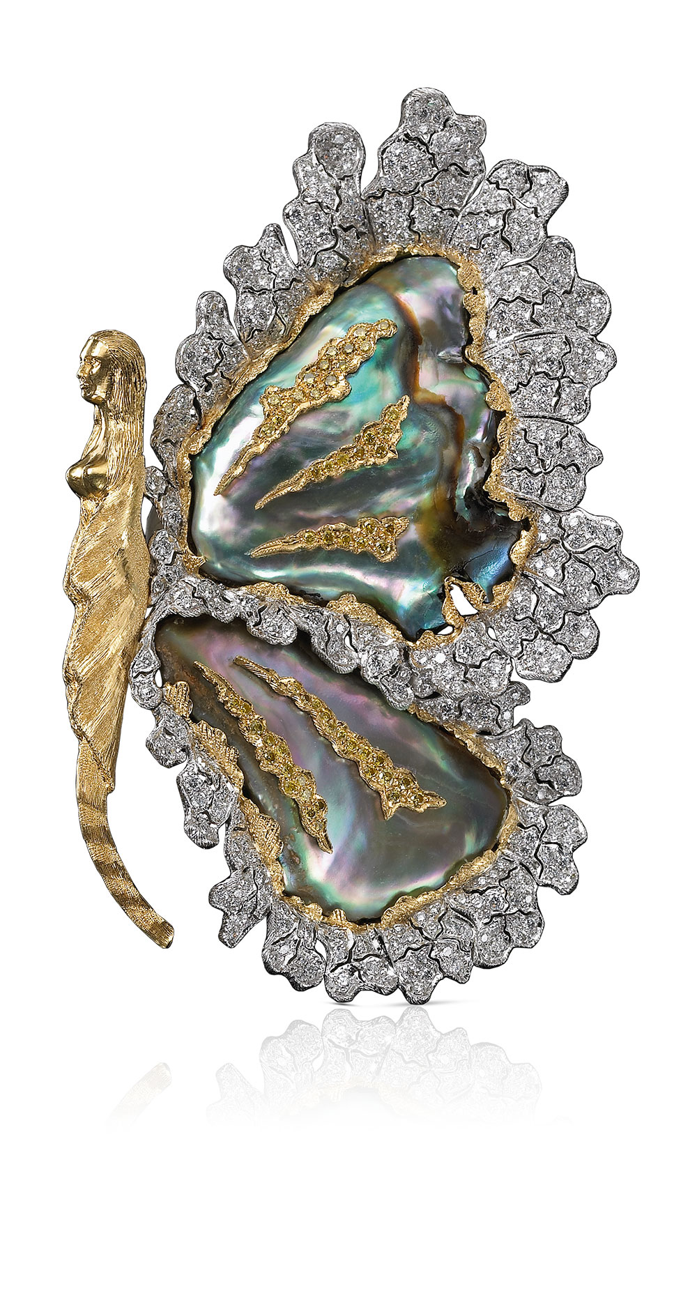 Bucellati’s one-off animal brooches include this butterfly with wings in white gold and diamonds, set with abalone pearls butterfly-brooche