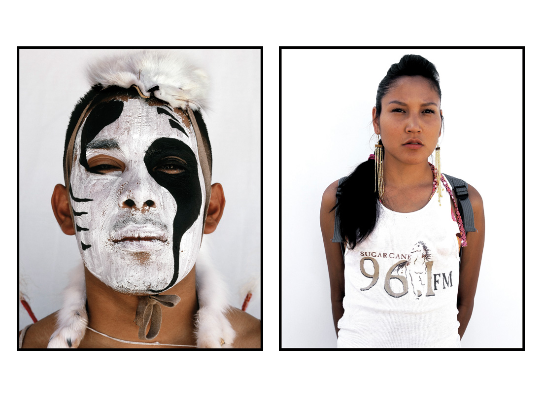 Left: Robert, a dancer in ceremonial face paint, from the Tewa tribe, whose homelands are near the Rio Grande in New Mexico. Right: Desiree, one of the new generation of well-educated youngsters, works for a radio station and was photographed at the Williams Lake Stampede—a rodeo held every July in British Columbia. 52001b