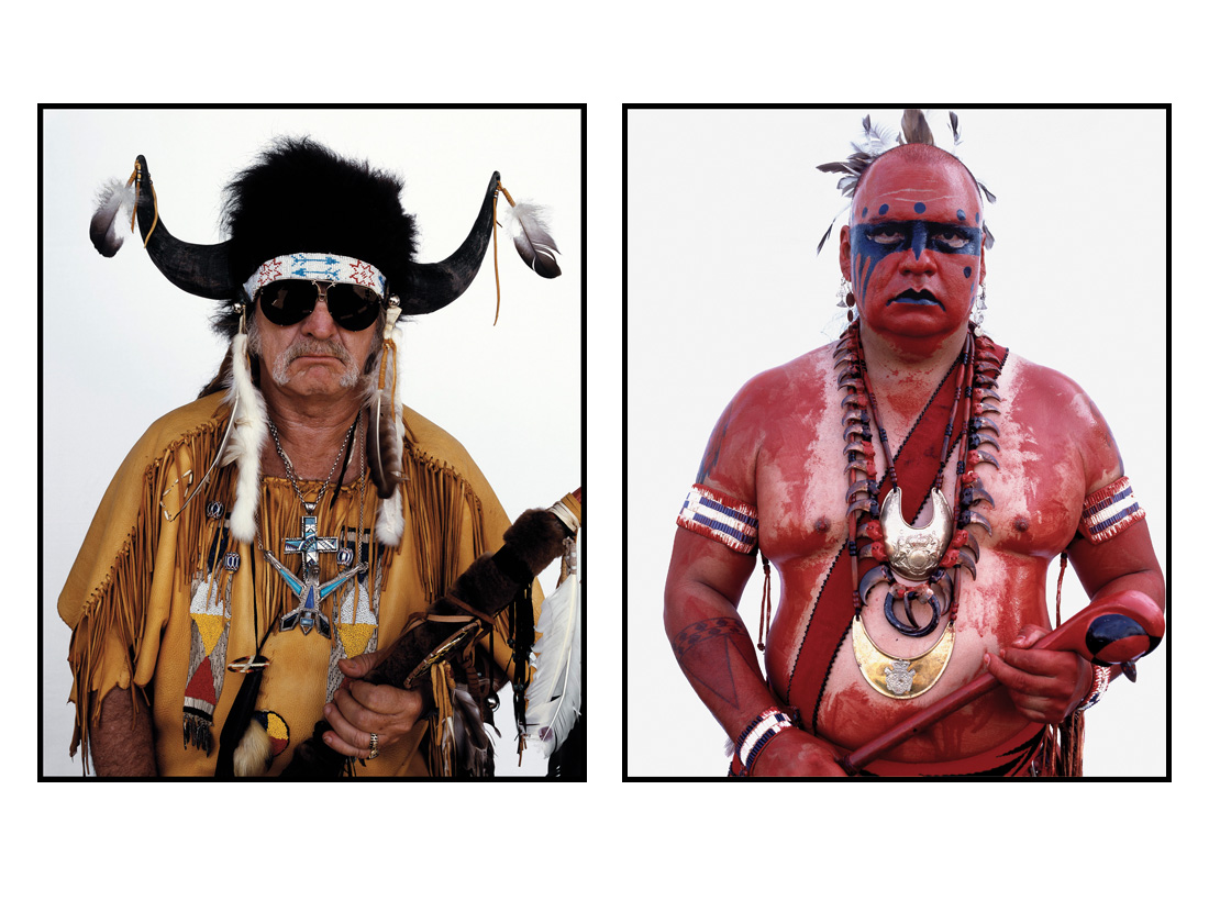 Left: Harvest, who calls himself a Shawakan, meaning “raised to be a Holy Man”, is a Christian minister who wants to raise awareness of Native culture Right: Sonny, a Cherokee dancer wearing ceremonial face and body paint for his performance at the annual American Indian Arts Celebration. Face and body painting was traditionally used to mark special ceremonies and before entering battle 52005-2
