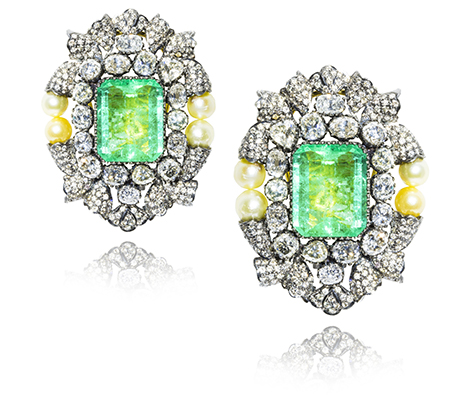 18ct white gold earrings set with emeralds, pearl and diamonds. Photo by Georg Jensen green-giant-ae369