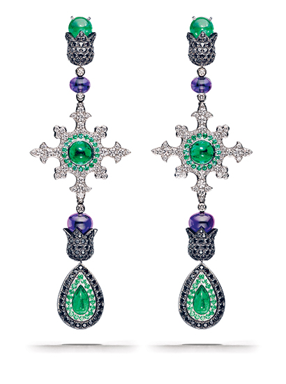 Rosa dei Venti earrings with emeralds, black spinels and amethysts green-giants-7