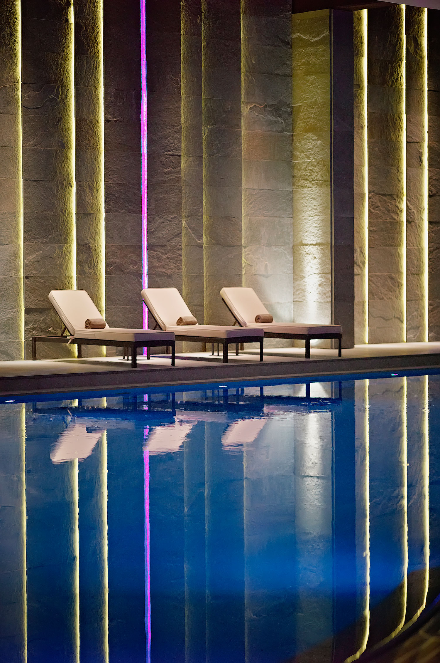 The indoor pool at the Kulm Hotel’s exceptional spa Kulm-Spa-St-Moritz---Pool-by-Night-II