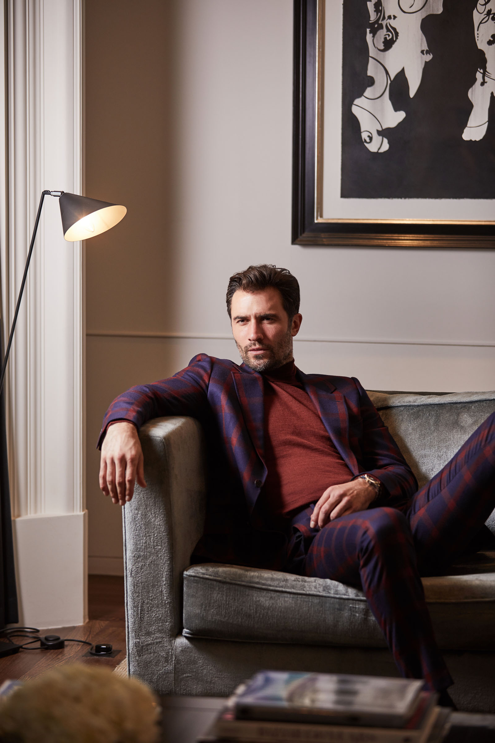 Burgundy and navy windowpane check suit, Gieves & Hawkes