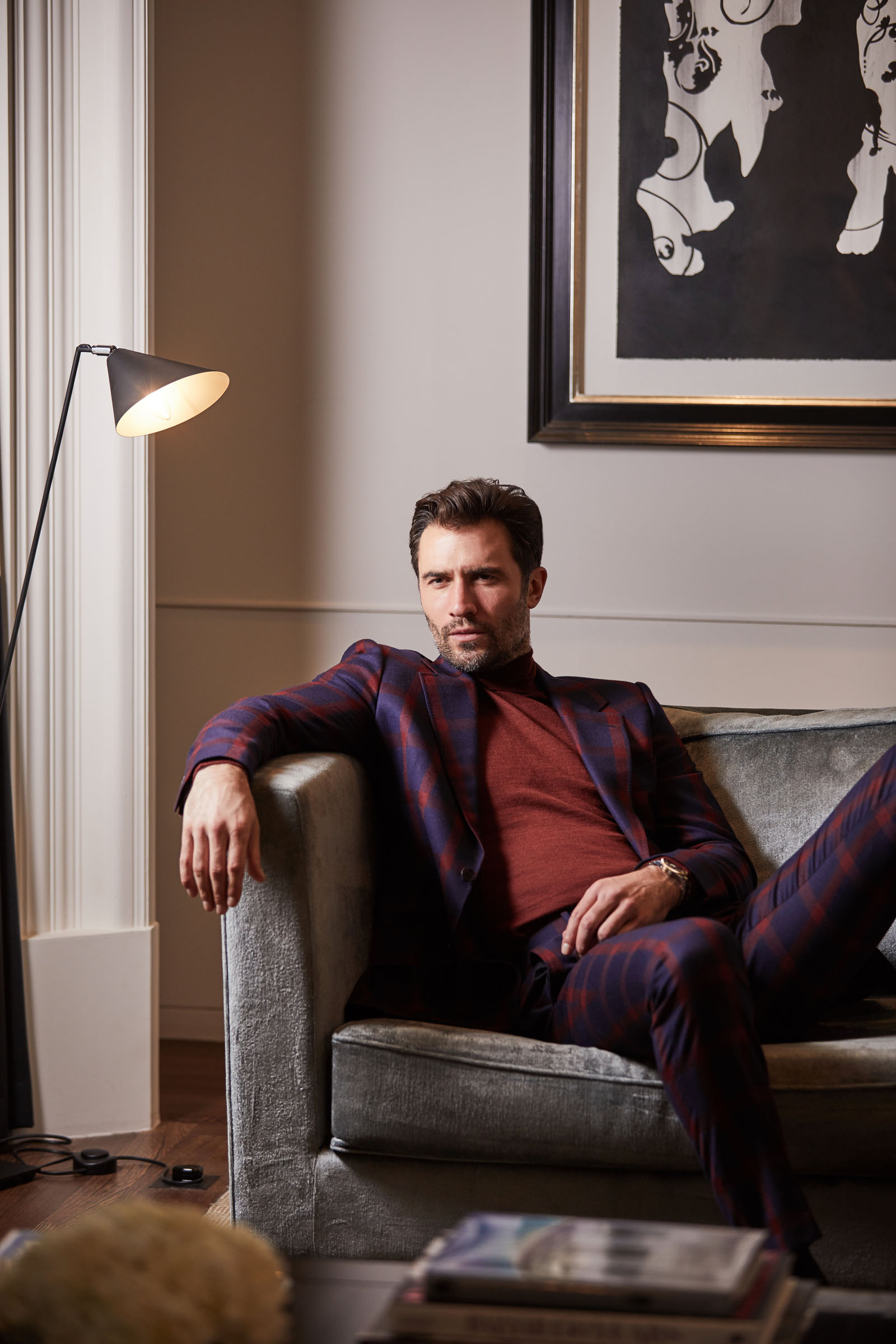 Burgundy and navy windowpane check suit, Gieves & Hawkes Burgundy and navy windowpane check suit, Gieves & Hawkes