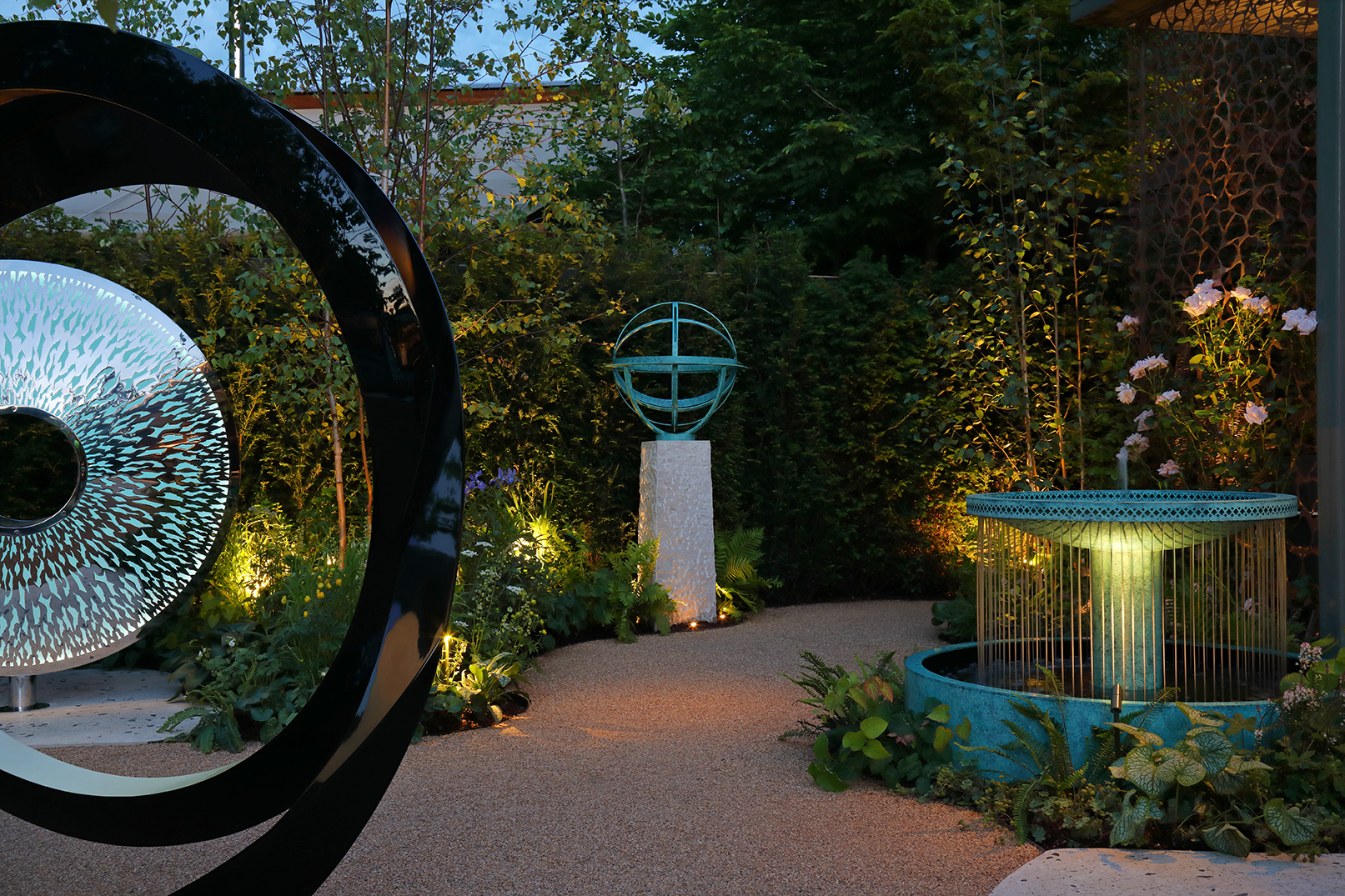 David Harber stand at Chelsea Flower Show at night