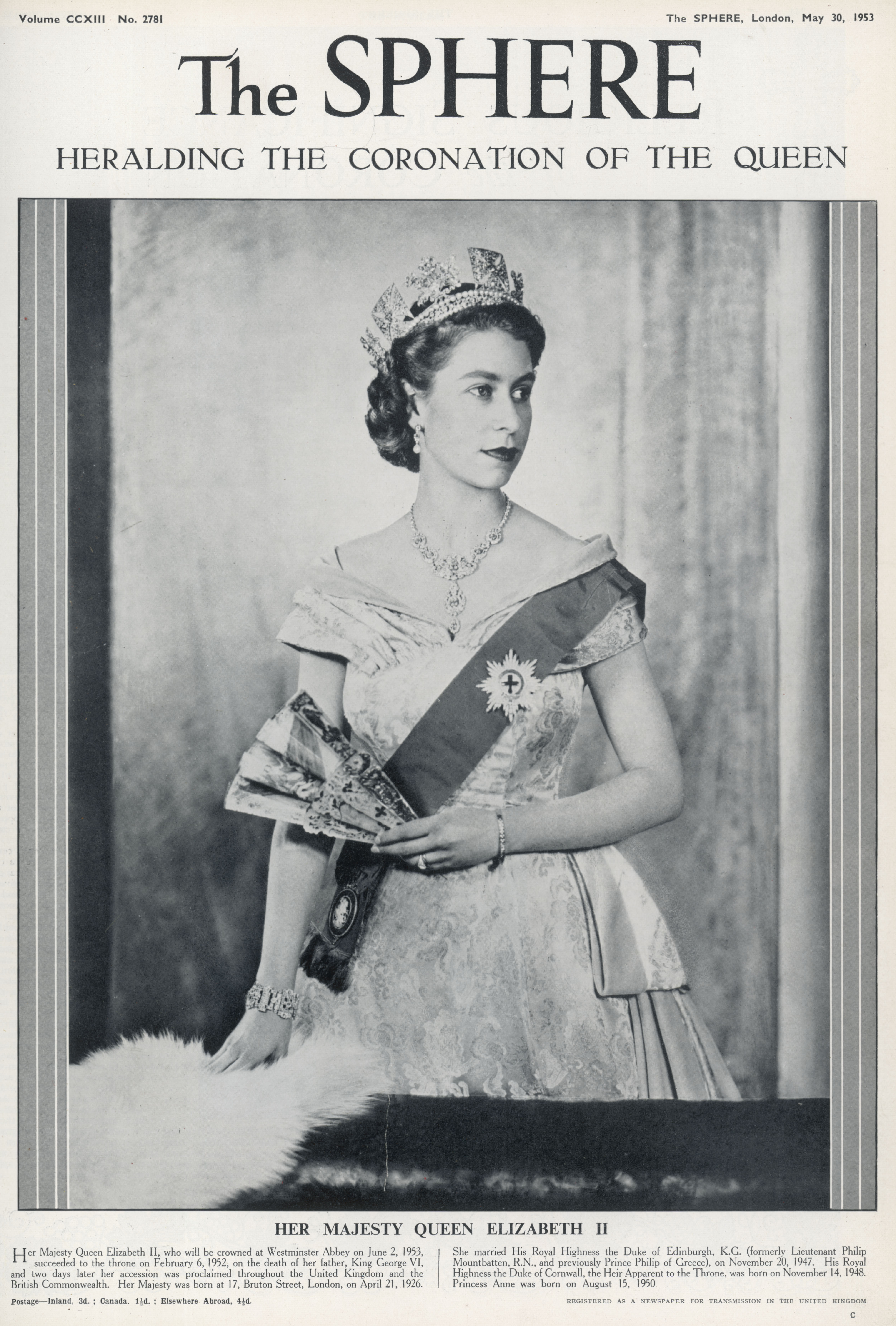 Queen Elizabeth  on the cover of The Sphere for her Coronation