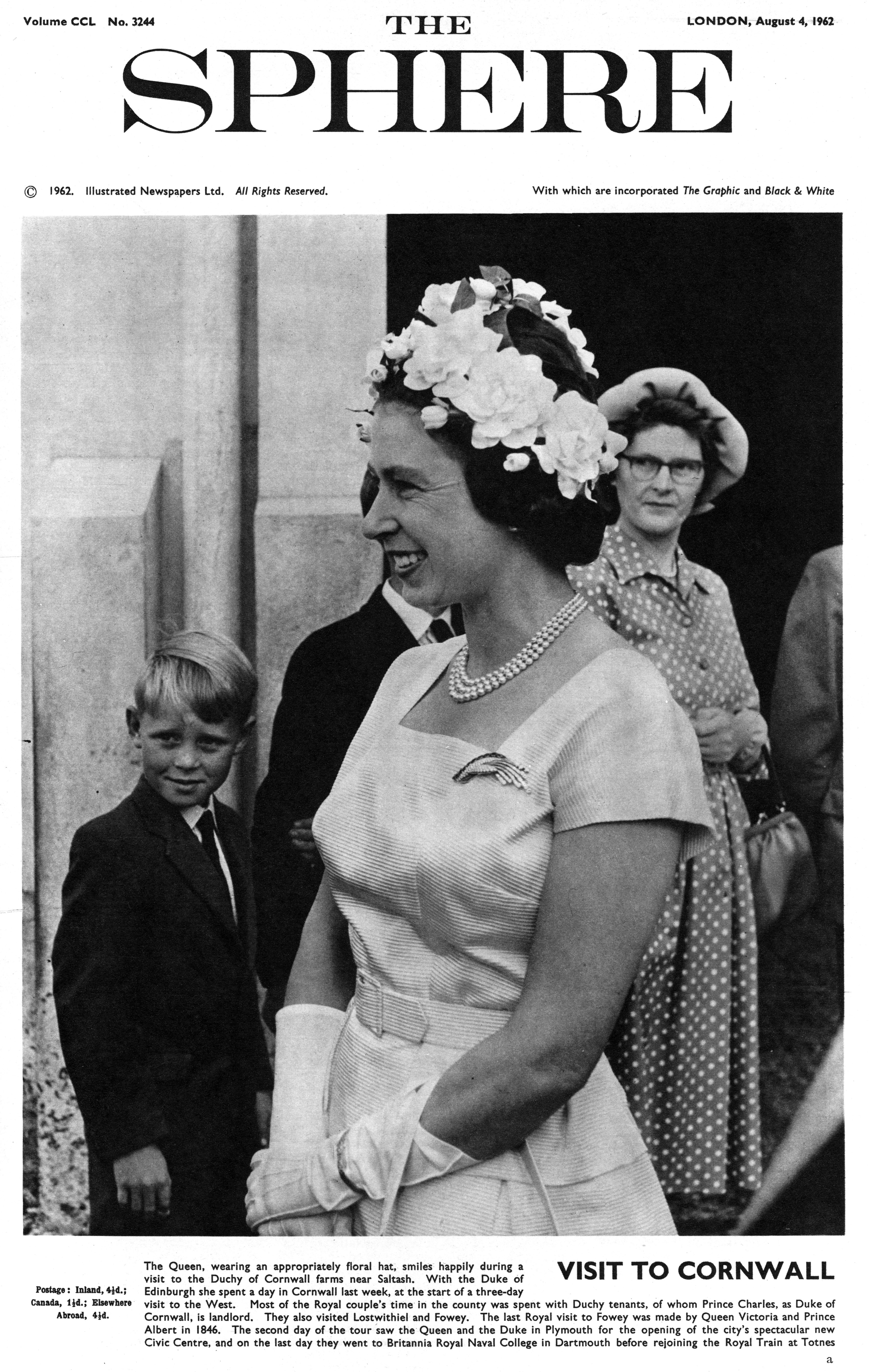 Queen Elizabeth wearing a floral hat visiting Cornwall in 1962
