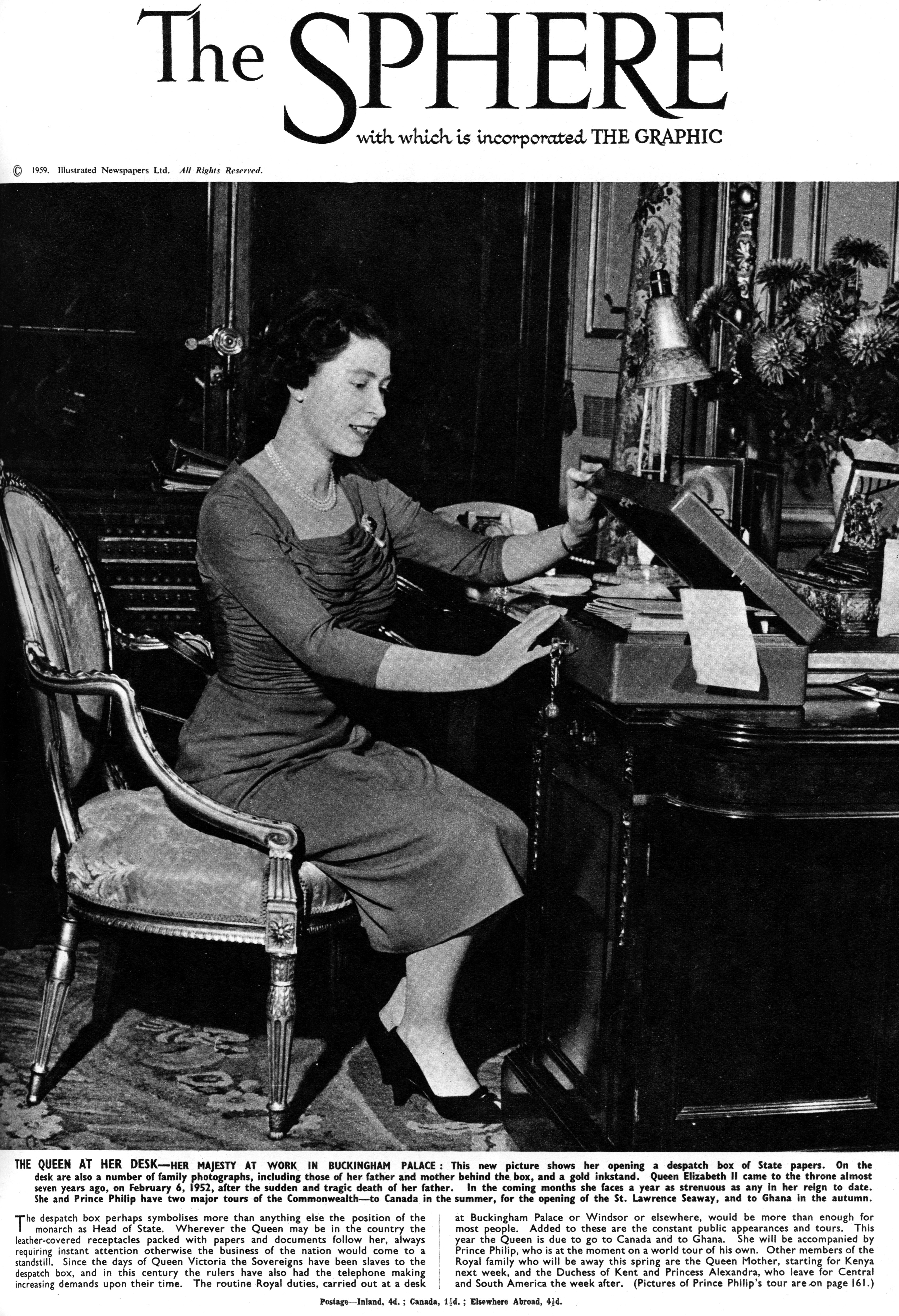 Queen Elizabeth II at work at Buckingham Palace with her dispatch box, on the cover of The Sphere magazine