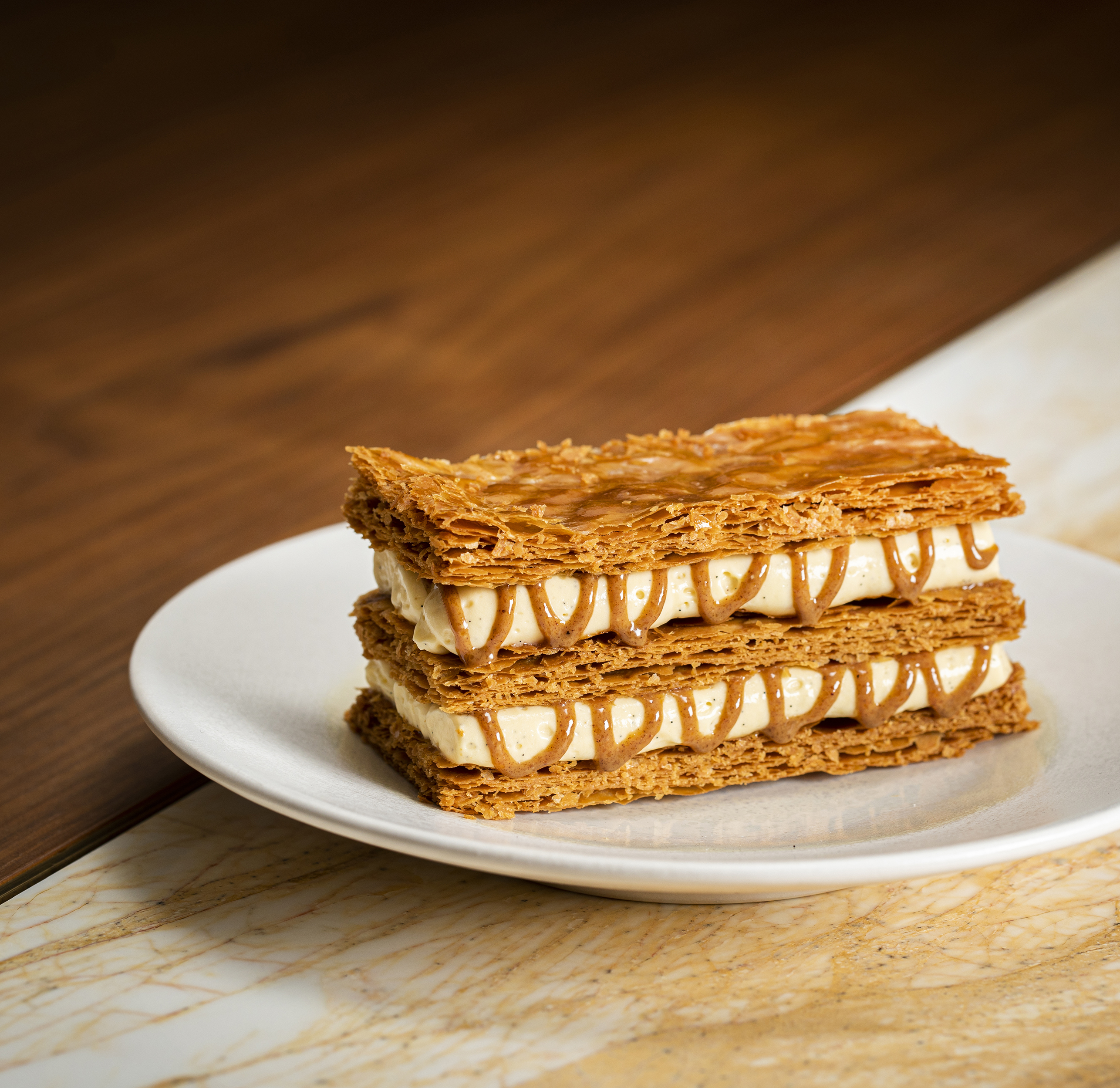 Vanilla millefeuille with pecan nut praline.