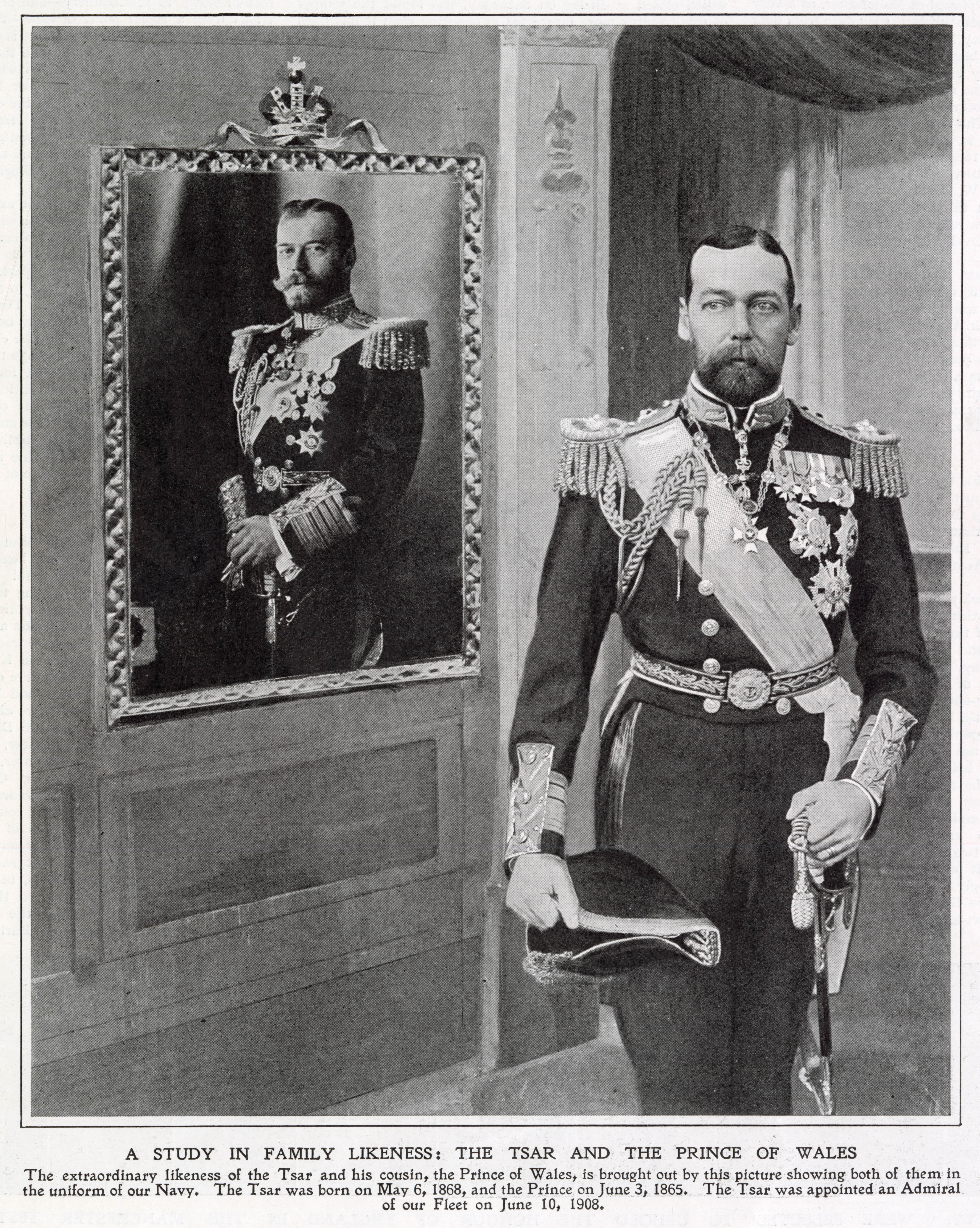 King George V (1865 - 1936), when Prince of Wales, standing beside a portrait of Czar Nicholas II of Russia (1894 - 1917) in 1909
