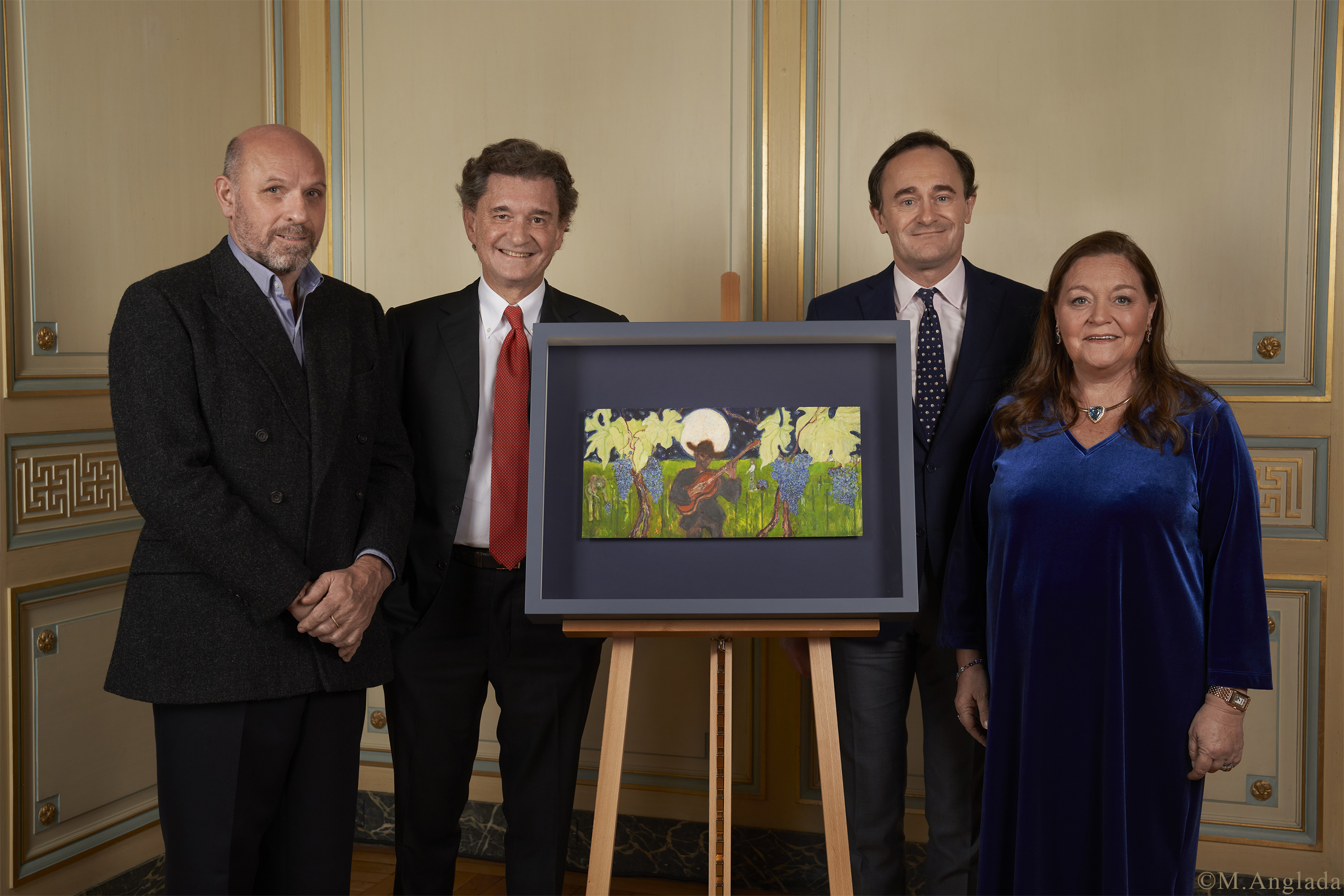 Artwork for Château Mouton Rothschild 2020 label, left to rigth,  Peter Doig, Philippe Sereys de Rothschild, Julien de Beaumarchais de Rothschild, Camille Sereys de Rothschild