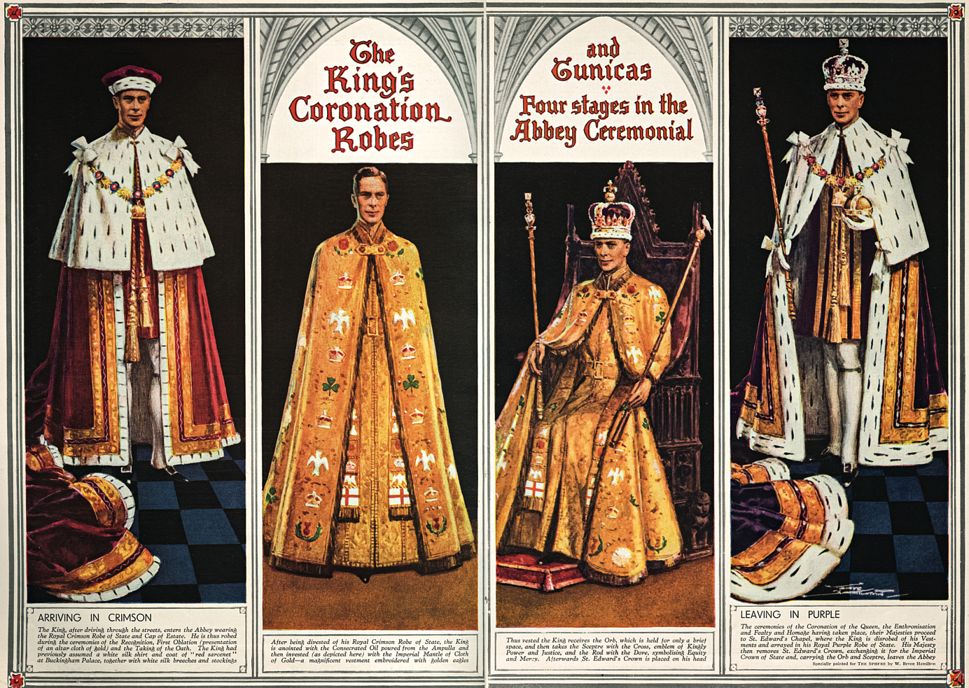 The four changes of King George VI's Coronation robes and vestments. 