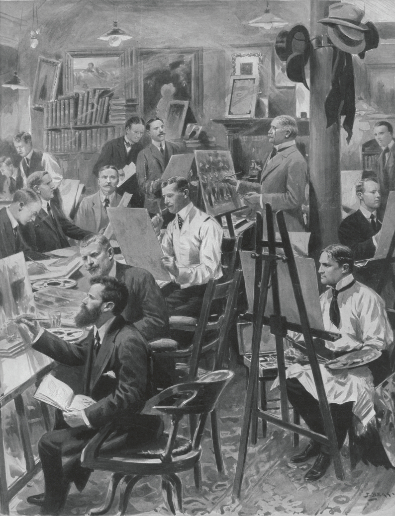Samuel Begg's portrayal of artists at work on Illustrated London News in 1911