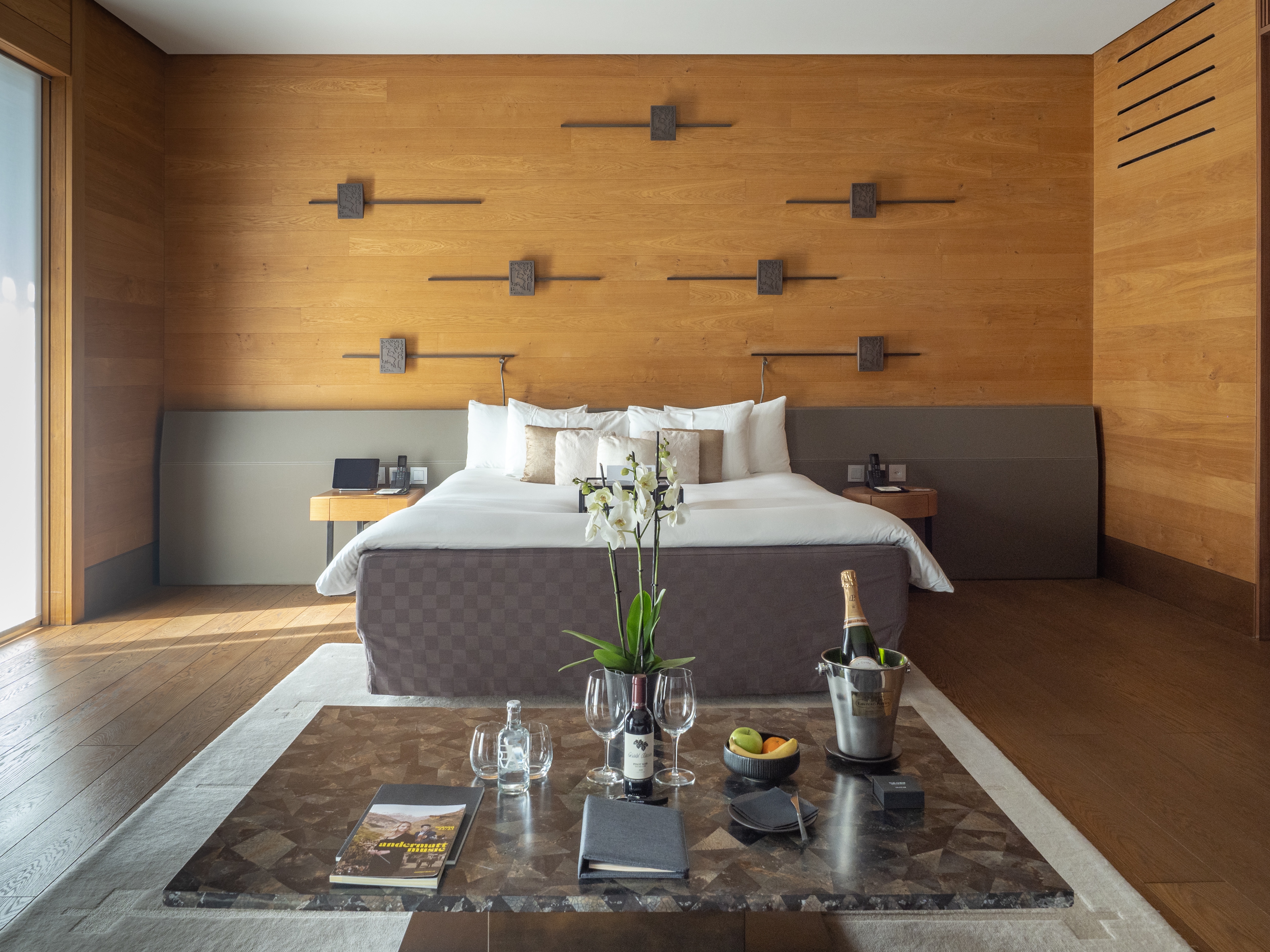 A deluxe room at the Chedi Andermatt