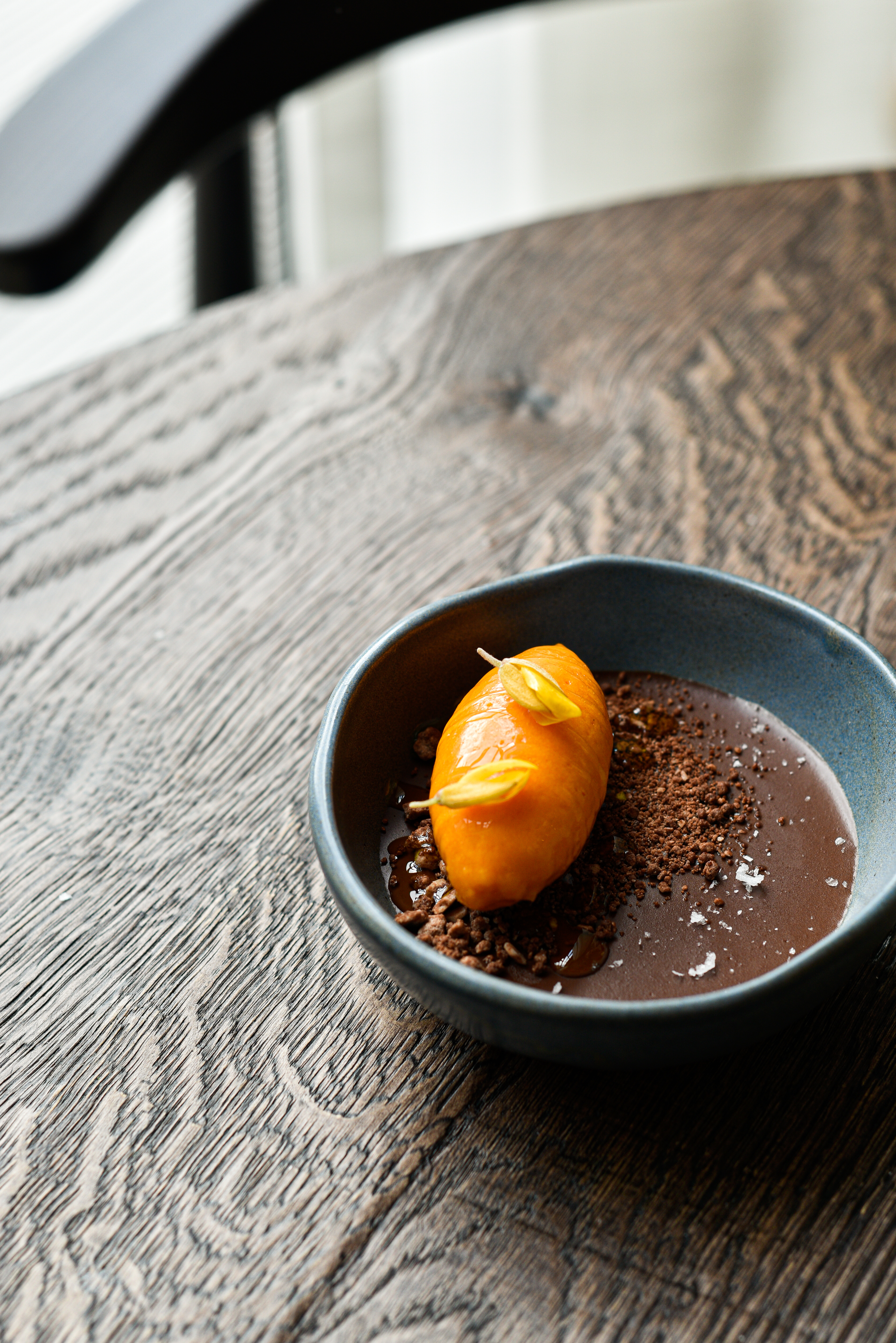 Sea buckthorn sorbet, smoked rapeseed oil, 70% chocolate