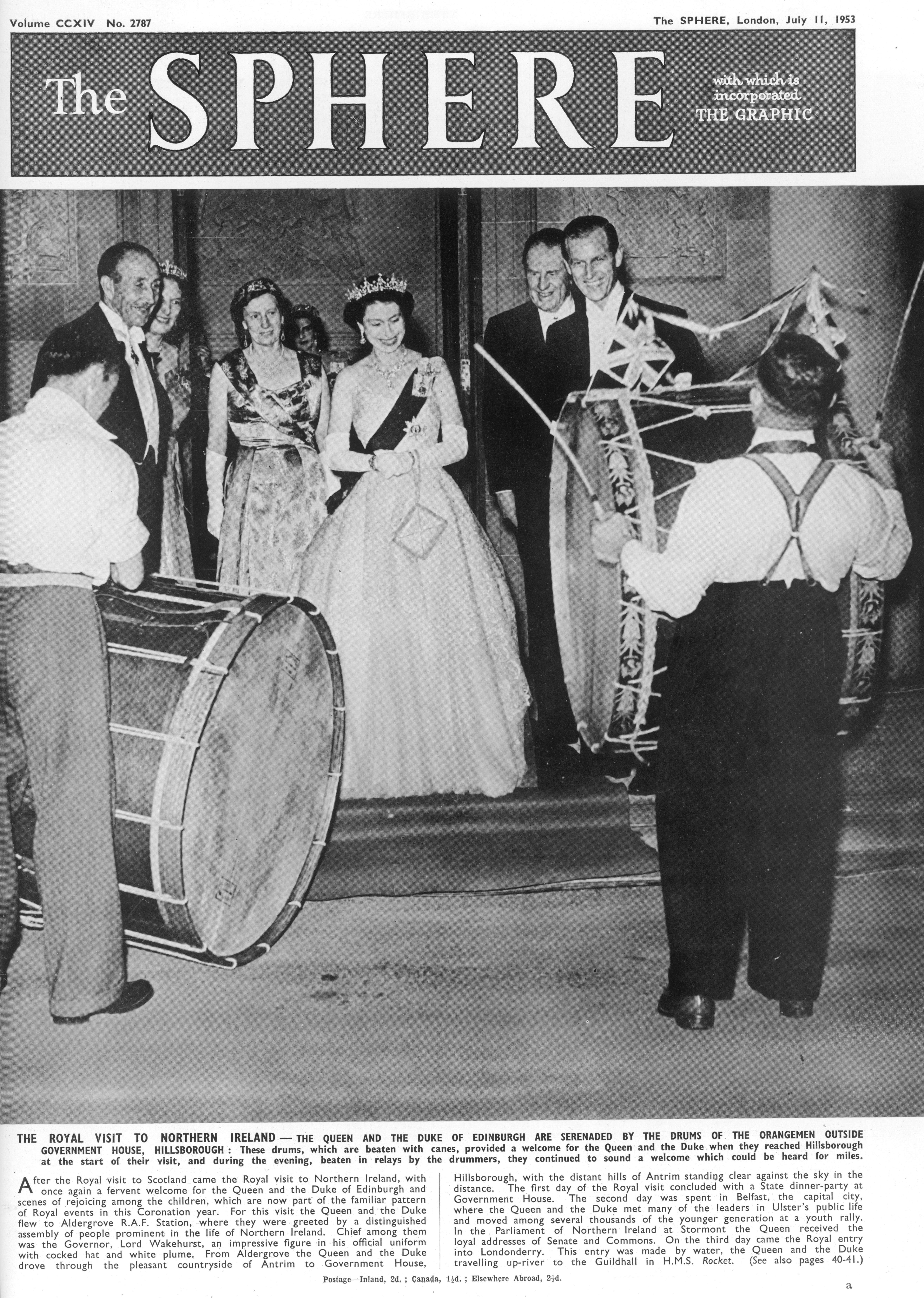 First Anniversary The Queen’s Death - The Queen and Duke of Edinburgh serenaded by the drums of the orangemen in Hillsborough, Northern Ireland, 1953
