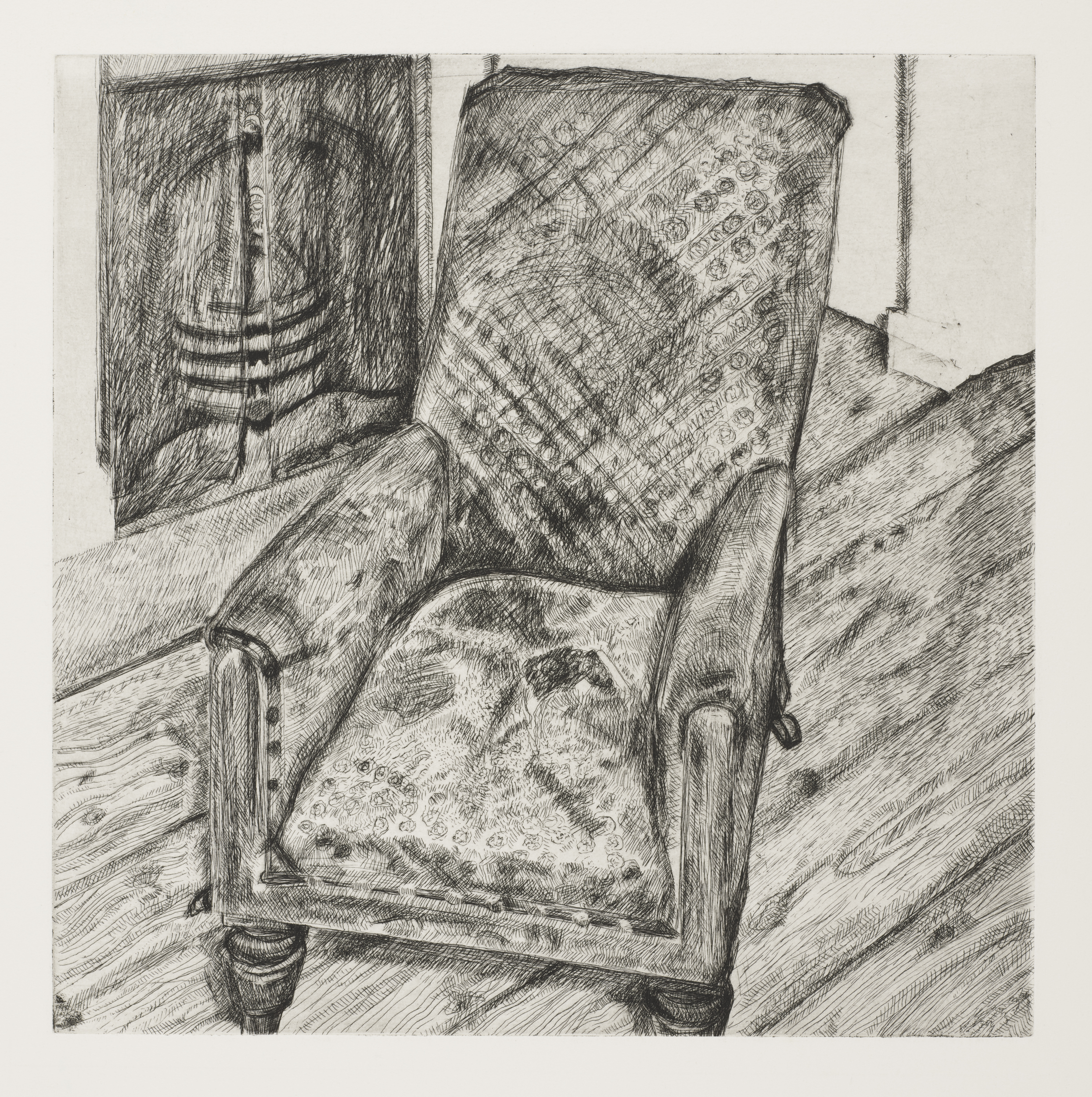Lucian Freud's Etchings V&A - Red Armchair by the Fireplace