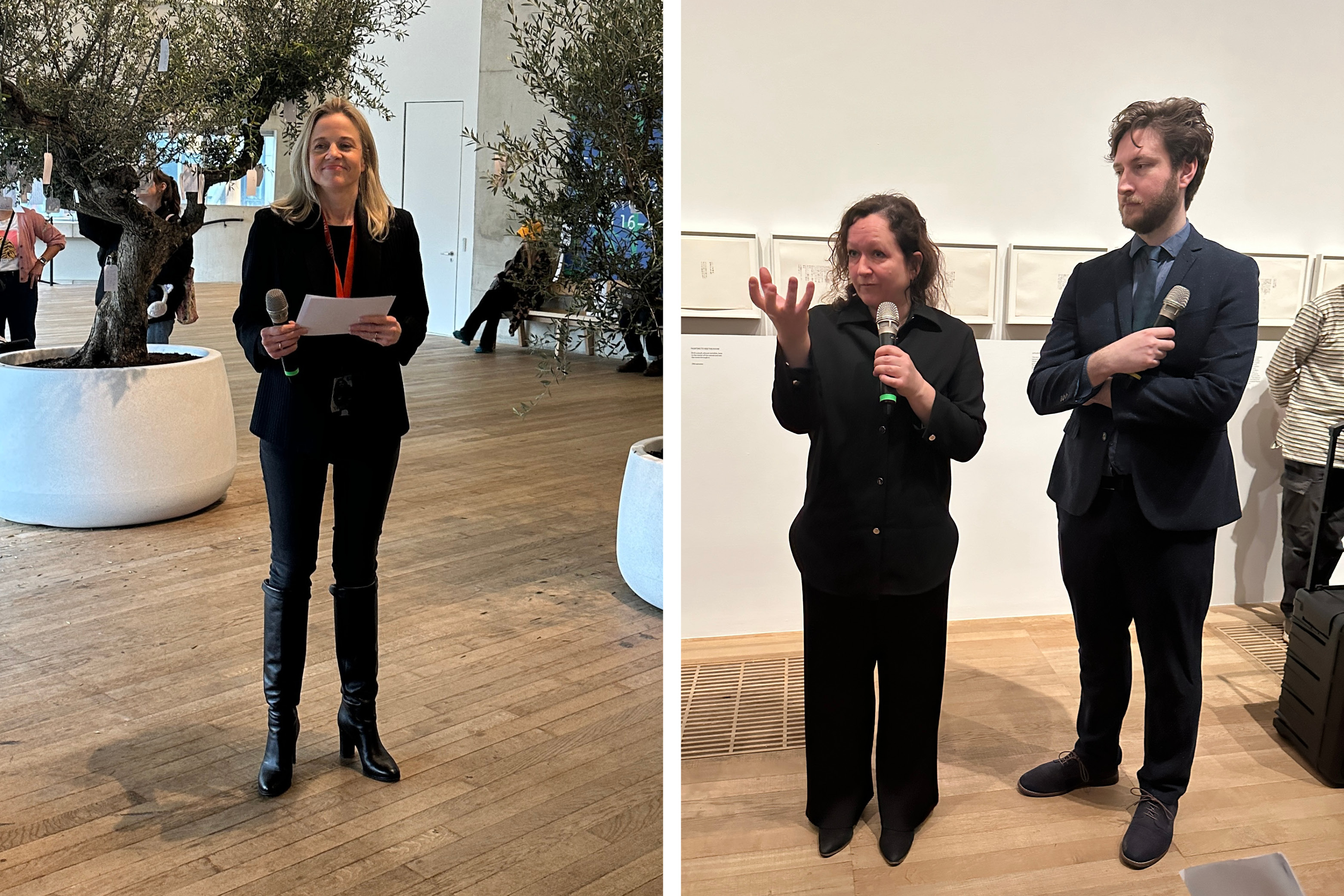 Yoko Ono Exhibition at Tate Modern - Tate Modern Director Karin Hindsbo, Yoko Ono Curator Juliet Bingham and Assistant Curator Andrew de Brun 