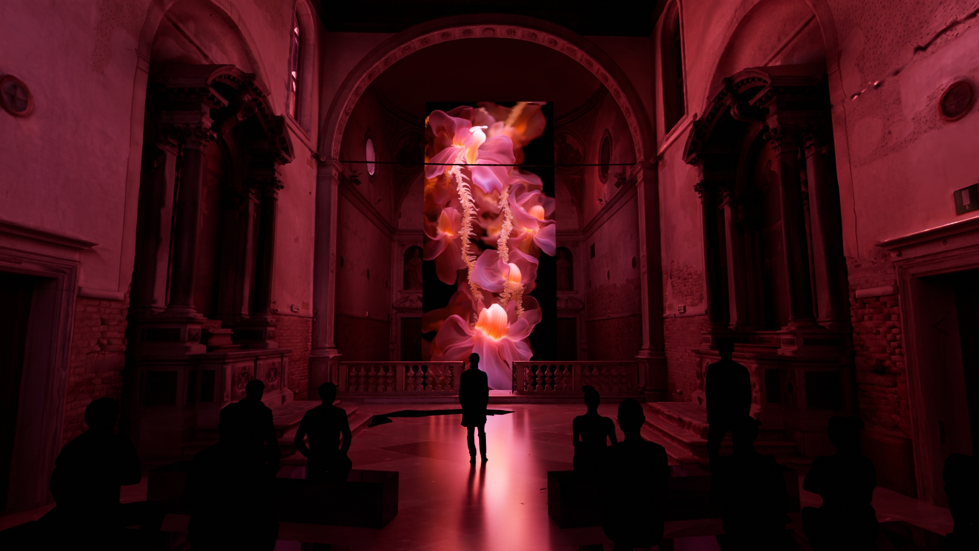 Walter Vanhaearents- a church lit up in red with a flower animation hanging at the alter and people watching  