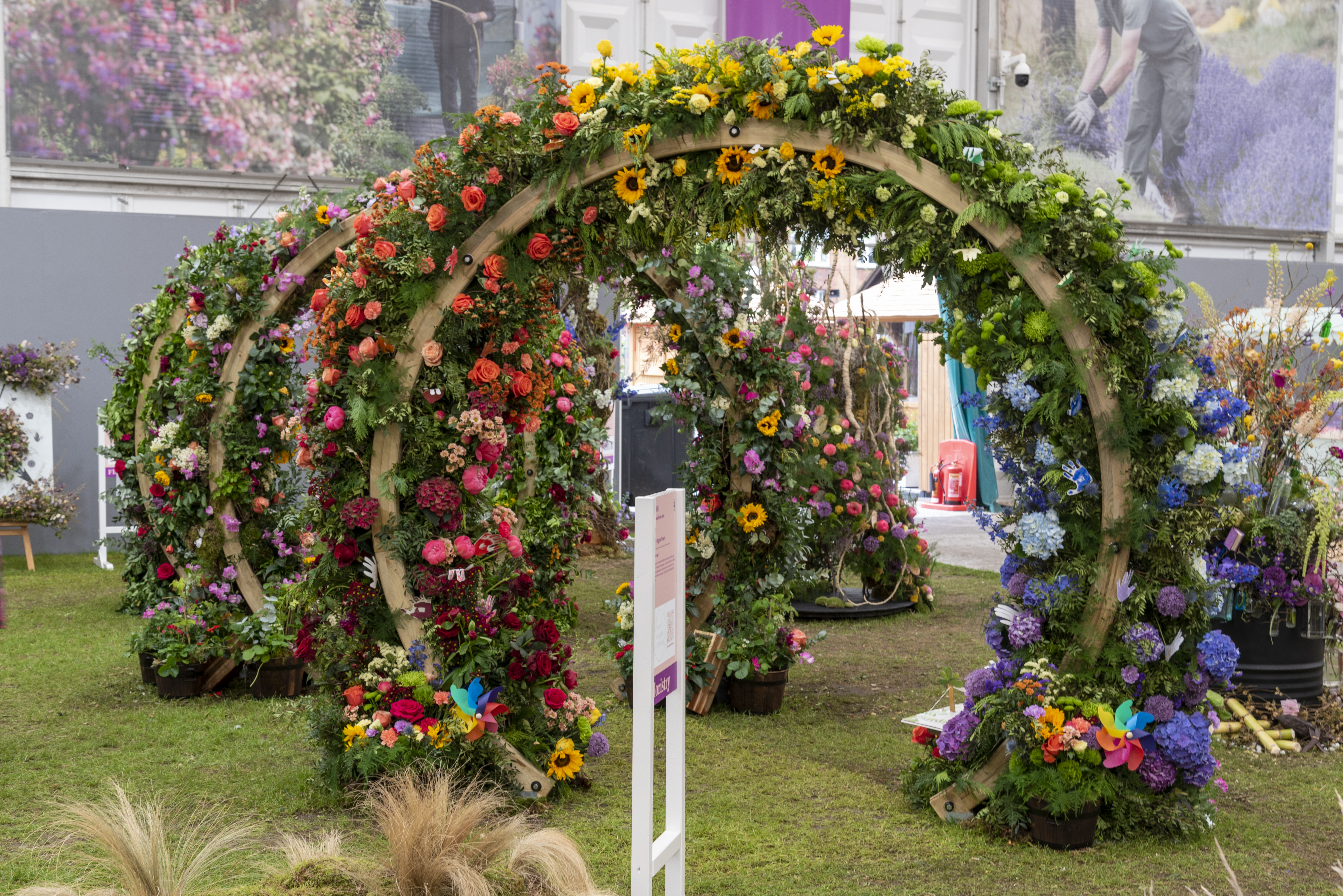 Carly Rogers - Dreamscape Carly Rogers - arches of flowers and leaves on grass at the Chelsea Flower Show