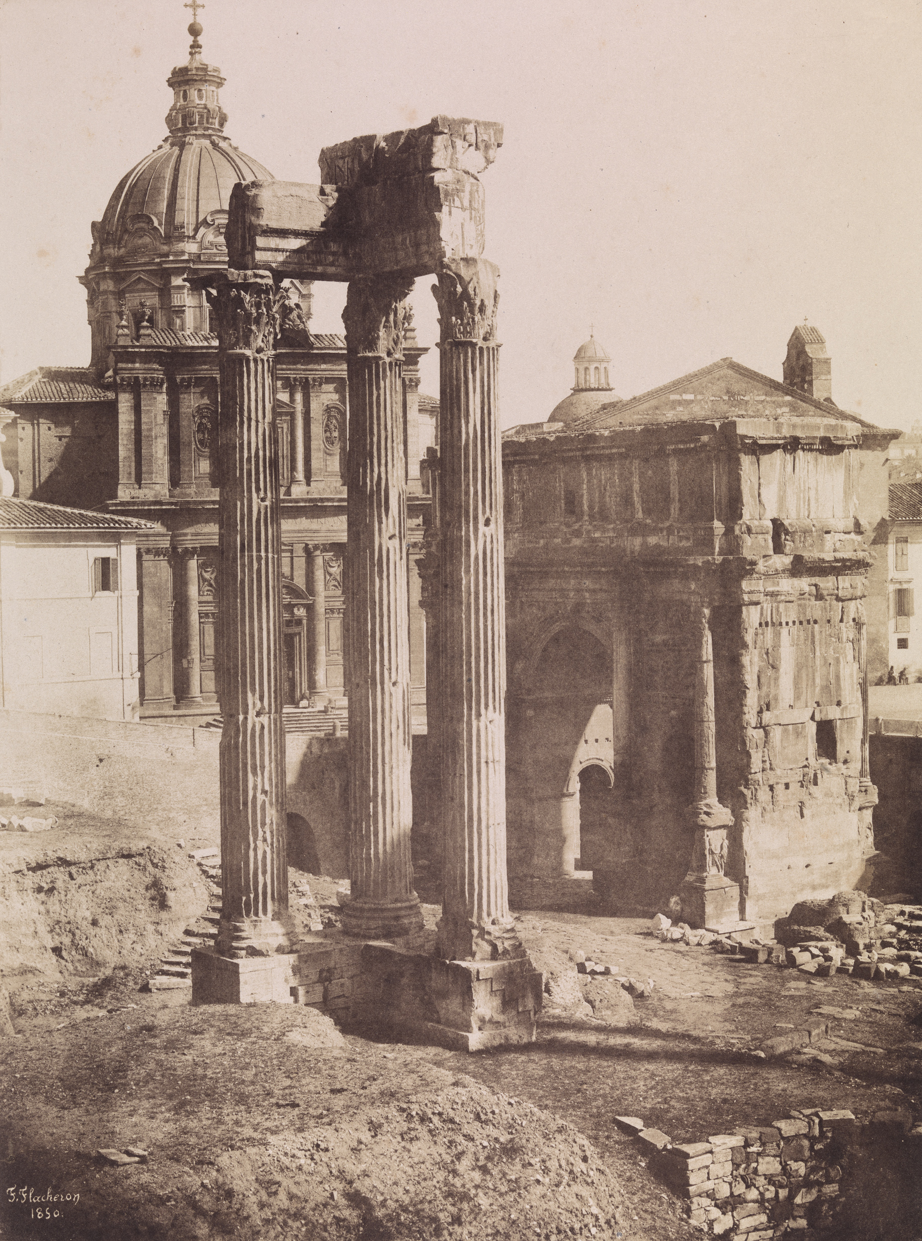 Frédéric Flachéron, Forum, Rome, 1850 Frédéric Flachéron -an old image of roman ruins in grey and white