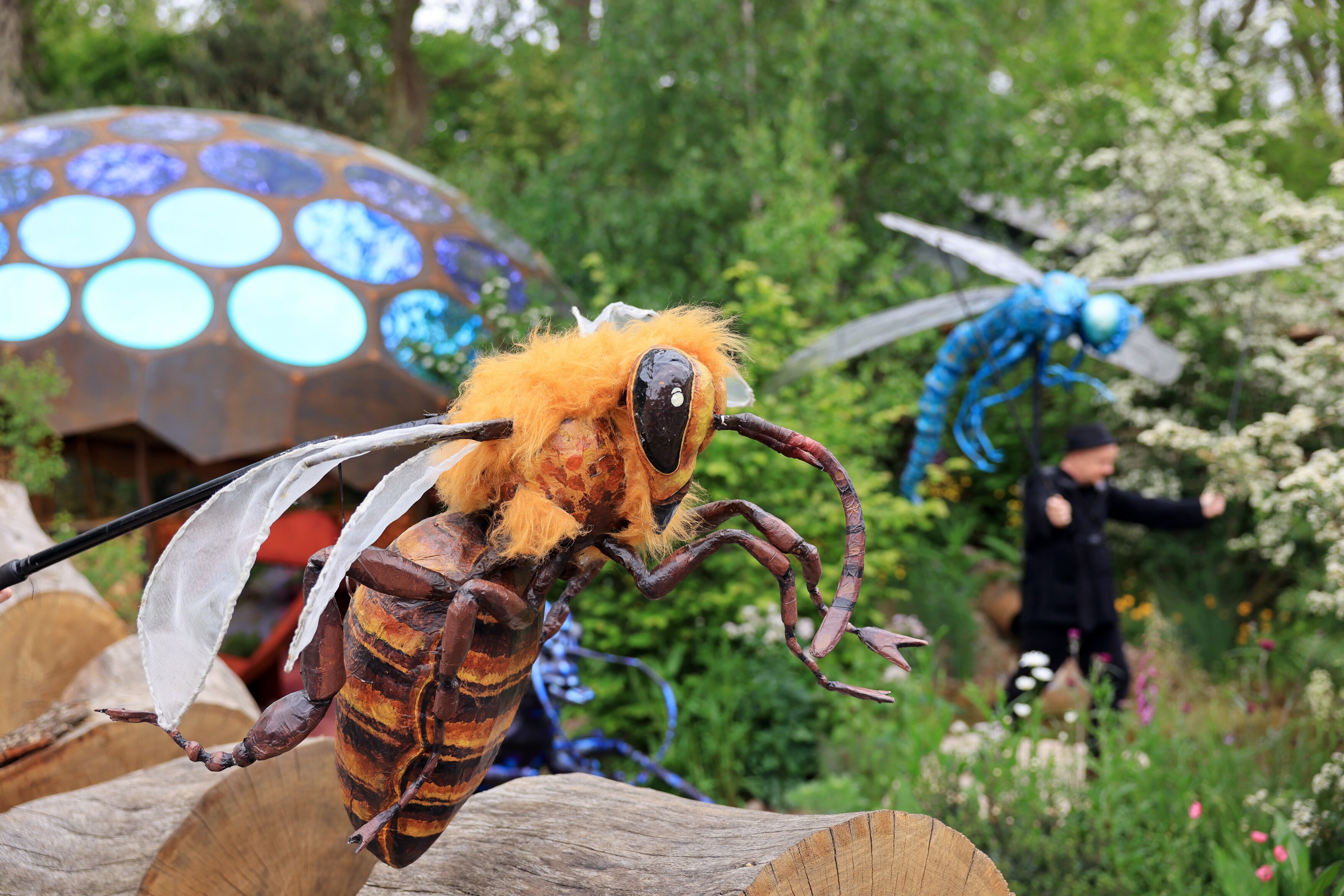 Chelsea Flower Show - Giant fake bee in a garden Chelsea Flower Show - Giant fake bee in a garden