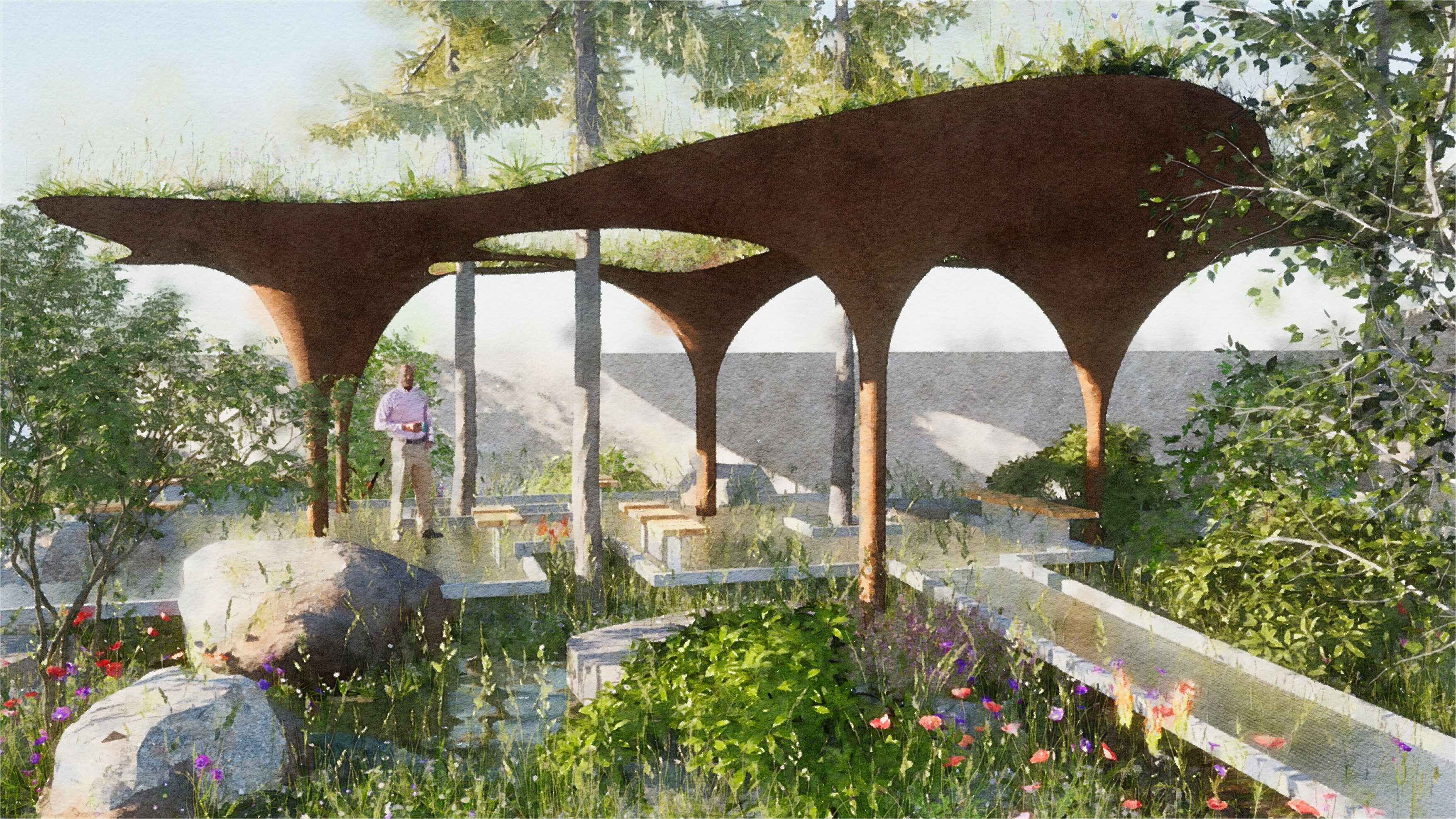 Water Aid- Chelsea Flower Show Water Aid - A CGI of a bridge with arches in a garden