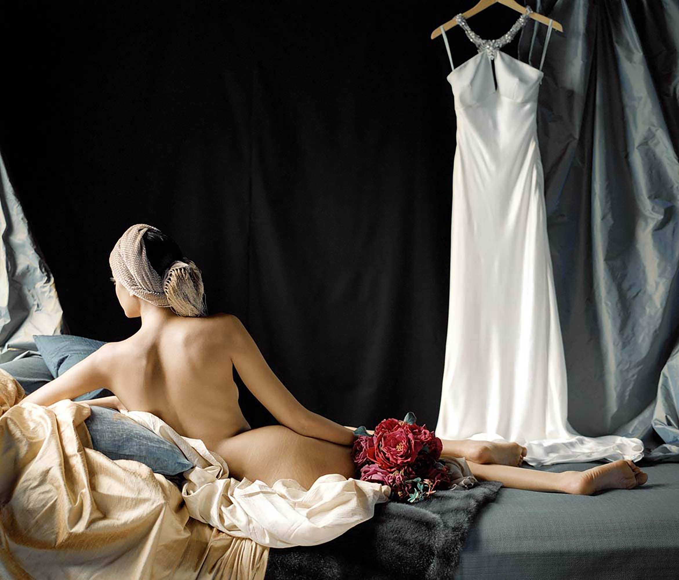 Rodney Smith -Odalisque No.1 Rodney Smith - A woman lying on a bed with a white dress hanging beside her
