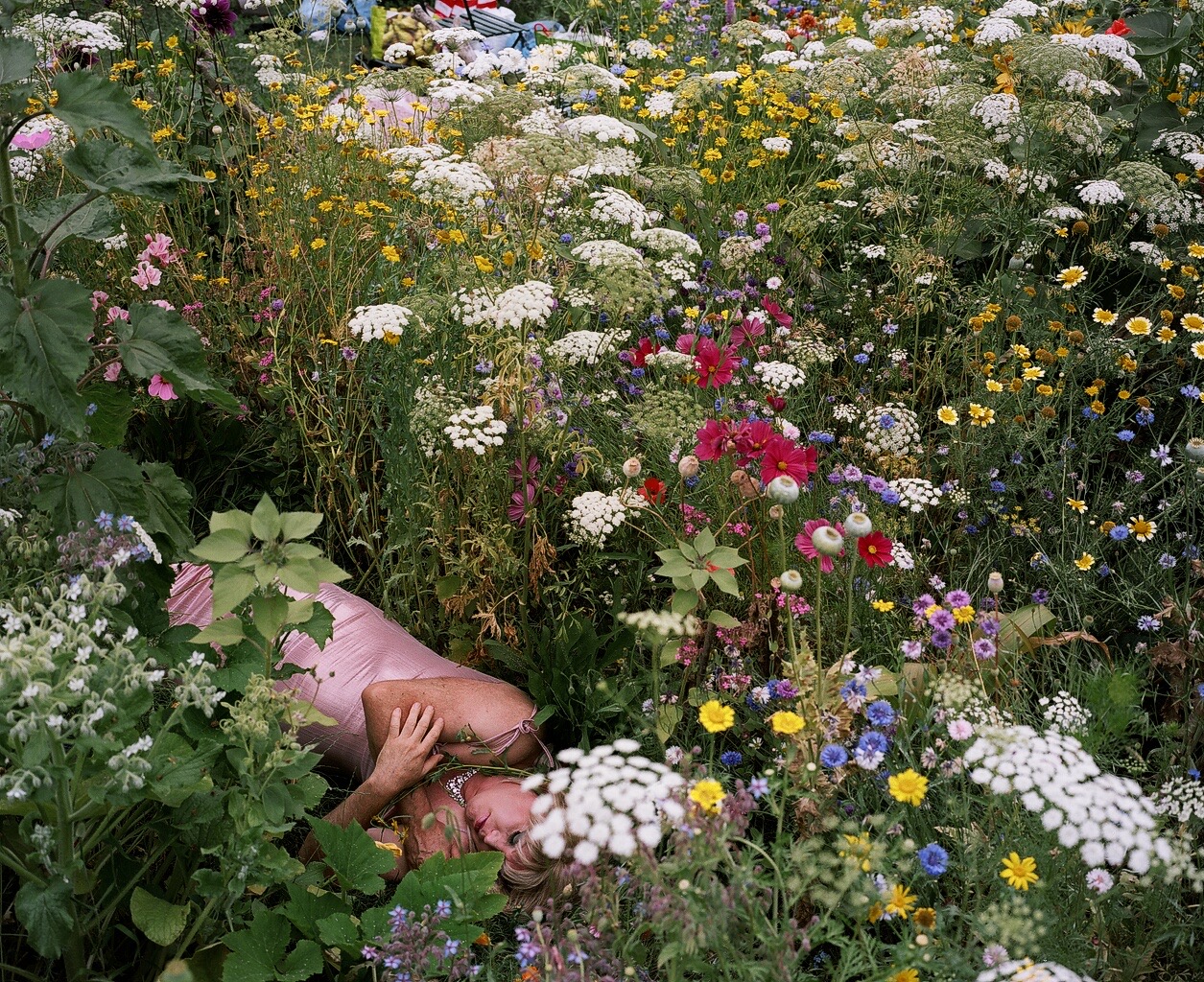 Siân Davey - The Garden Siân Davey - a woman lying in a pink dress on the ground of a garden with flowers and green plants