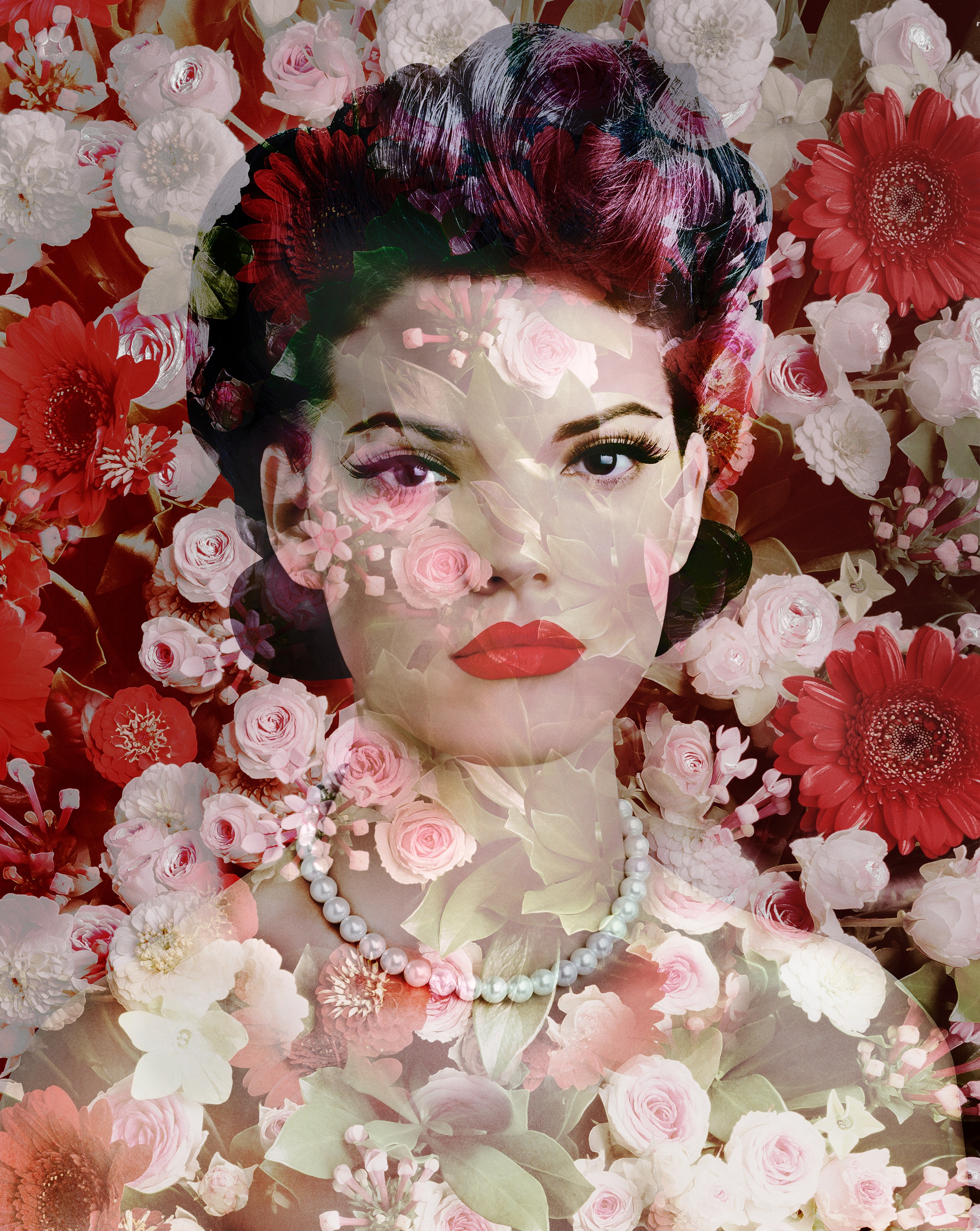 Valérie Belin - Study for Black Eyed Susan #7 Valérie Belin - a photograph of a woman with dark hair wearing a pearl necklace covered in flowers over layered on her