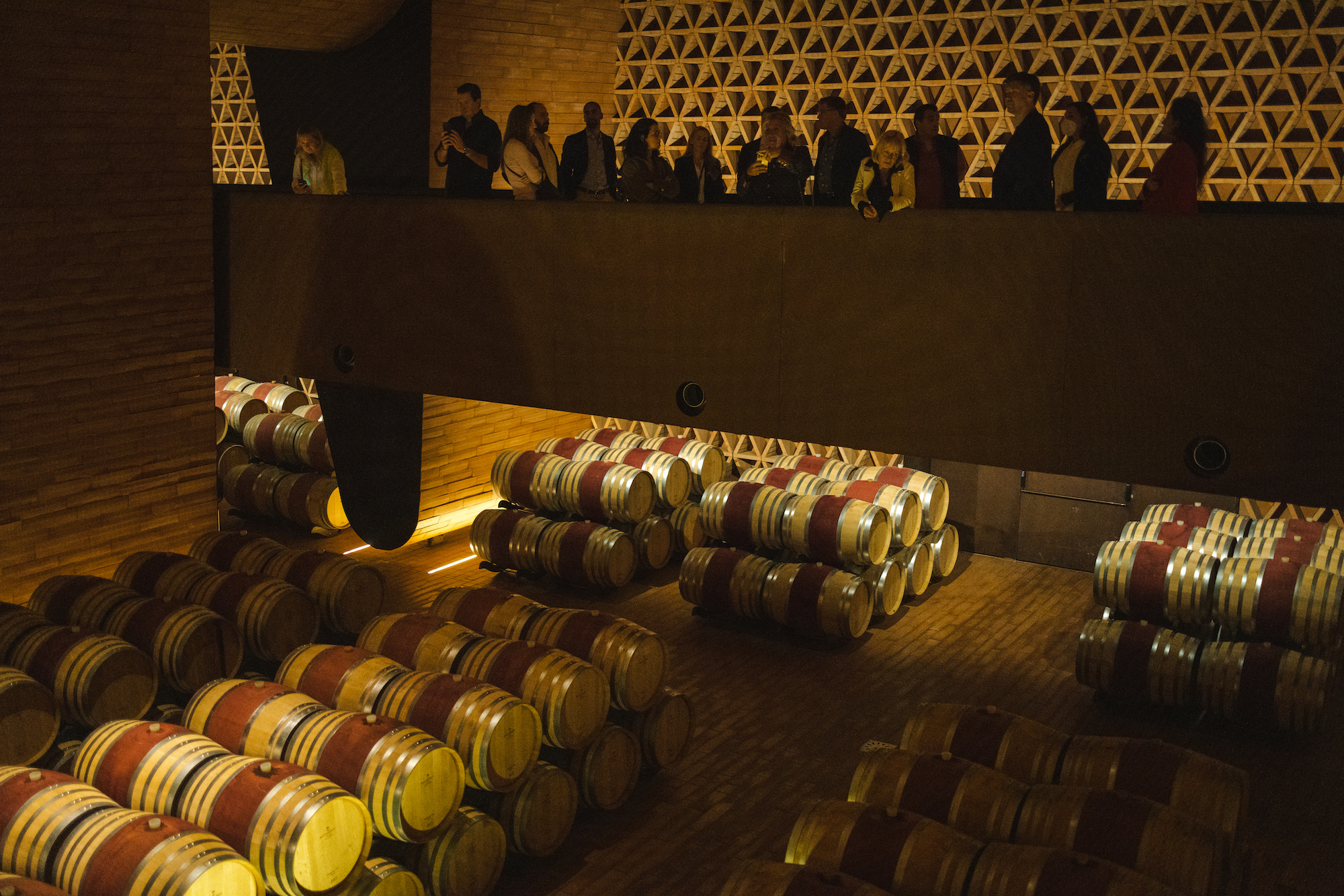Golden Vines - wine barrels Golden VInes - people looking at wine barrels from a mezanine floor
