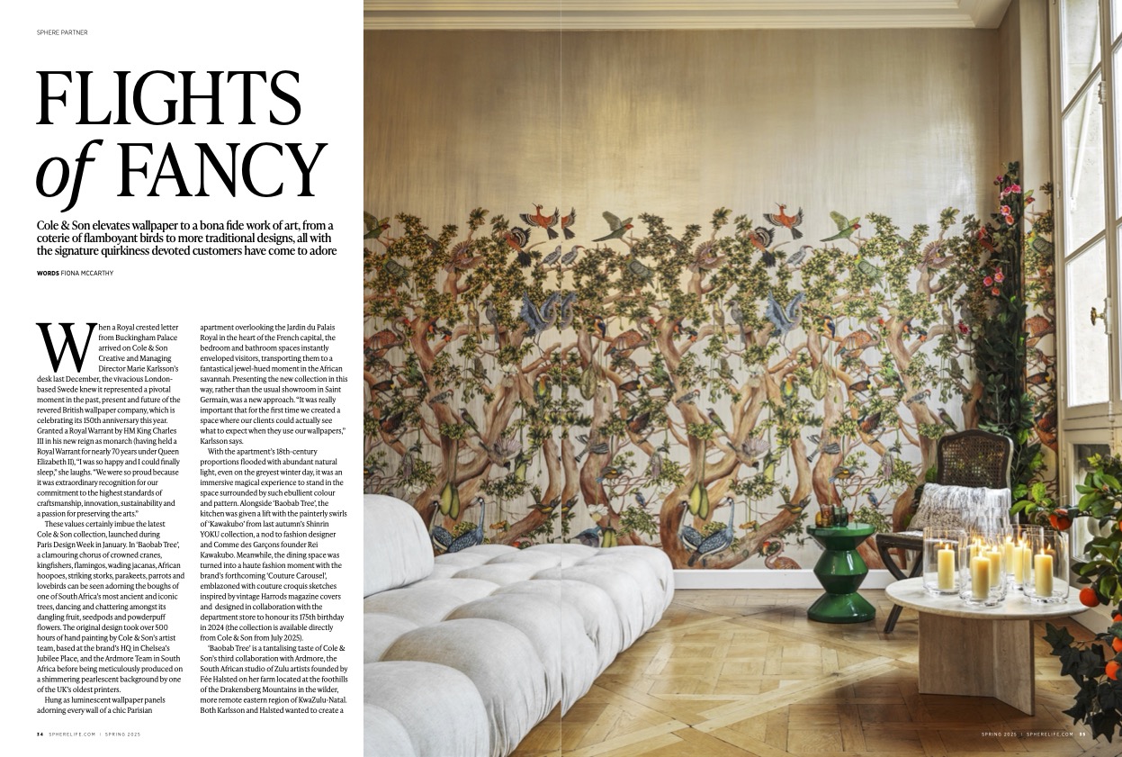 A two-page spread of the Cole & Son article by Fiona McCarthy, featuring Baobab Tree wallpaper, in the SPHERE Spring Issue 2025.