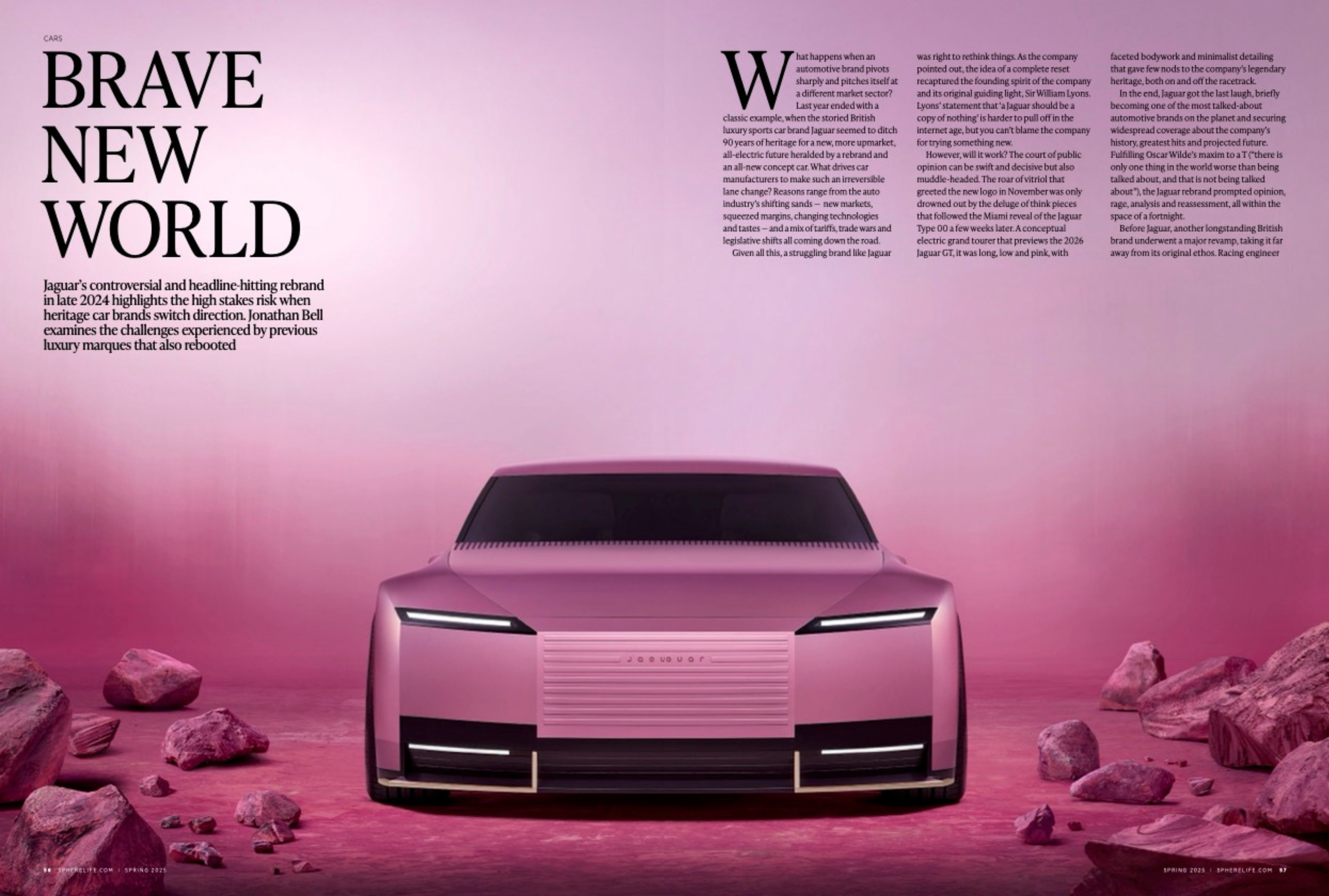 A pink two-page spread of the motoring article by Jonathan Bell, featuring a pink Jaguar, in the SPHERE Spring Issue 2025.