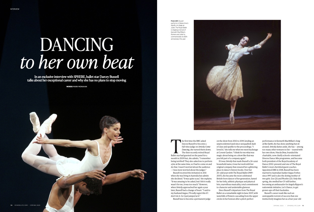 A two-page spread of the Darcey Bussell interview in the SPHERE Spring Issue 2025.