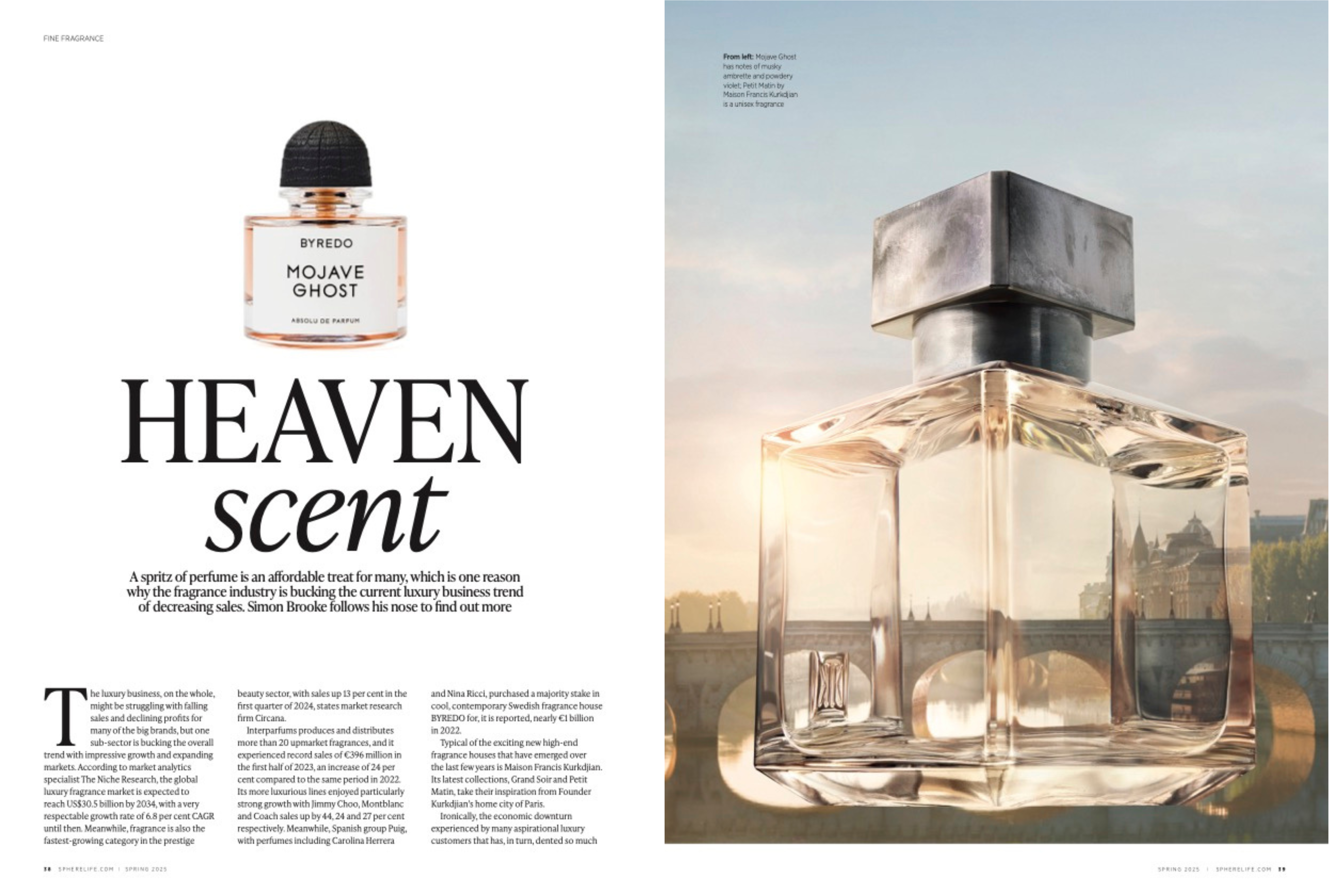 A two-page spread of the fragrance article by Simon Brooke in the SPHERE Spring Issue 2025.