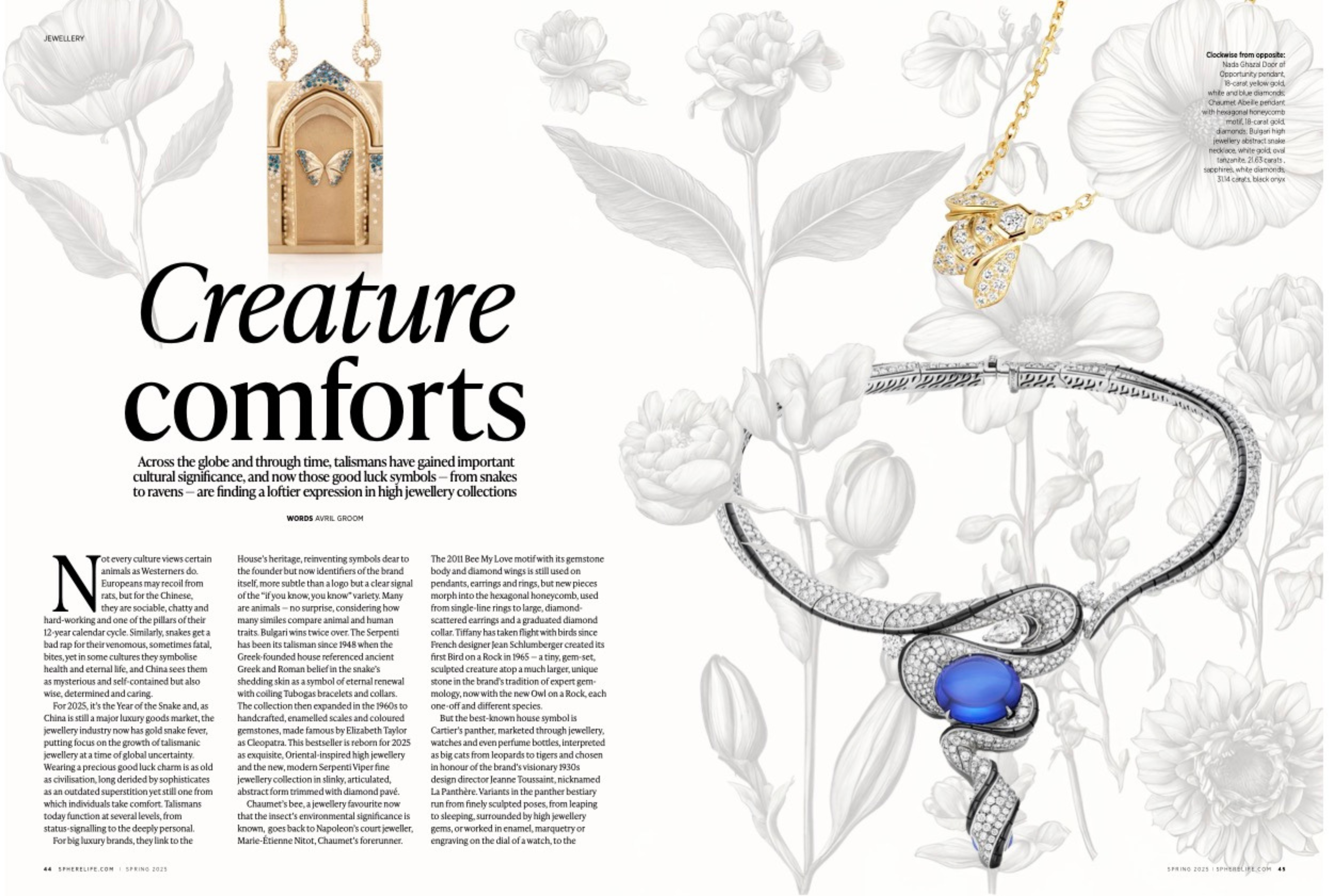 A two-page spread of the jewellery article by Avril Groom in the SPHERE Spring Issue 2025.