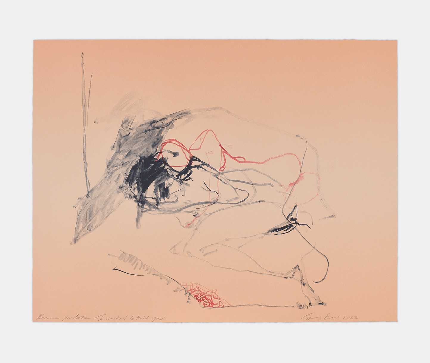 Terrence Higgins Trust Auction 2025 - A delicate sketch by Tracey Emin called Because you left - I wanted to hold you. On a soft pink background, featuring an abstract drawing of a reclining figure