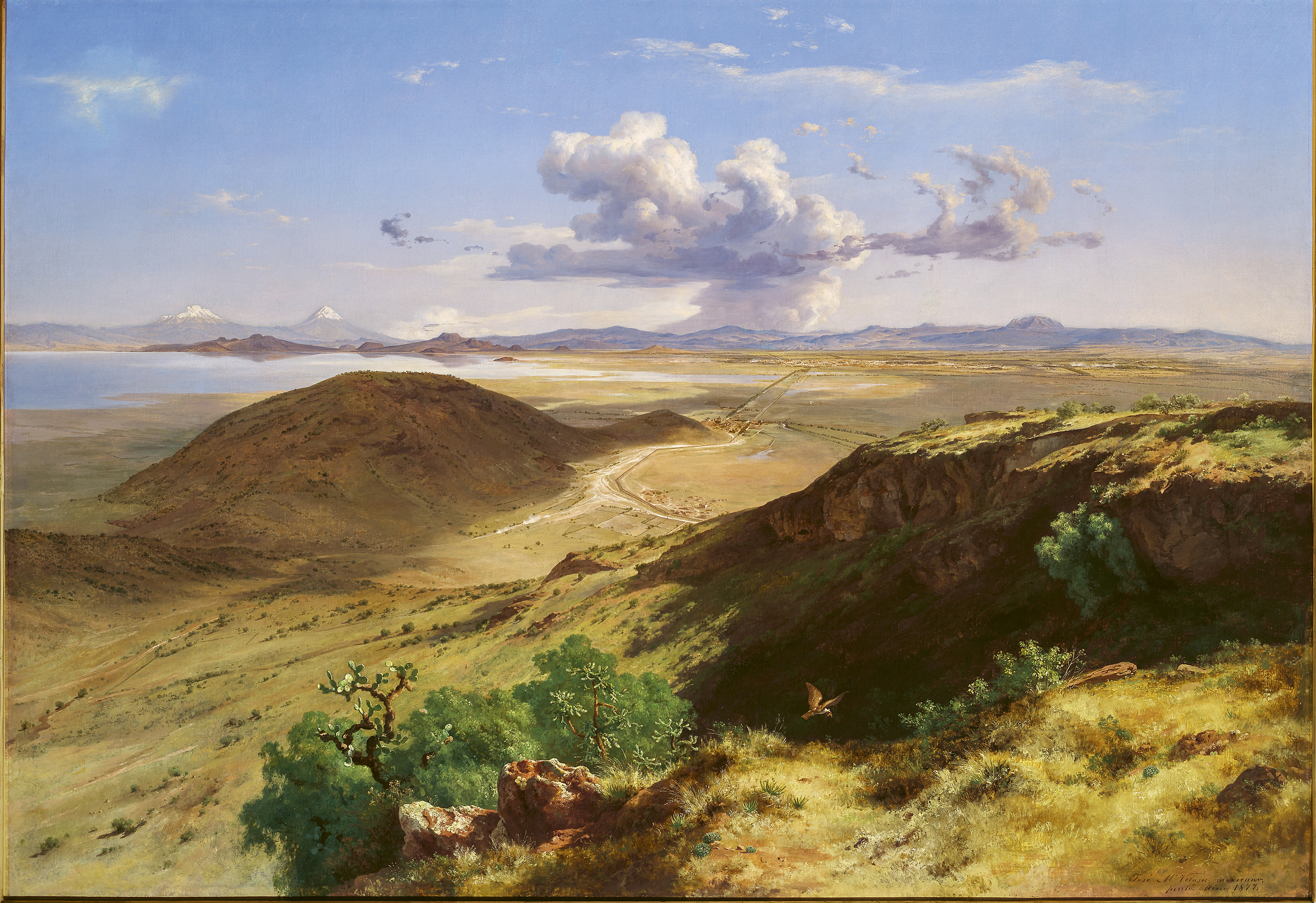 The oil painting The Valley of Mexico from the Hill of Santa Isabel, 1877 by José María Velasco displayed at The National Gallery featuring the basin of Mexico.