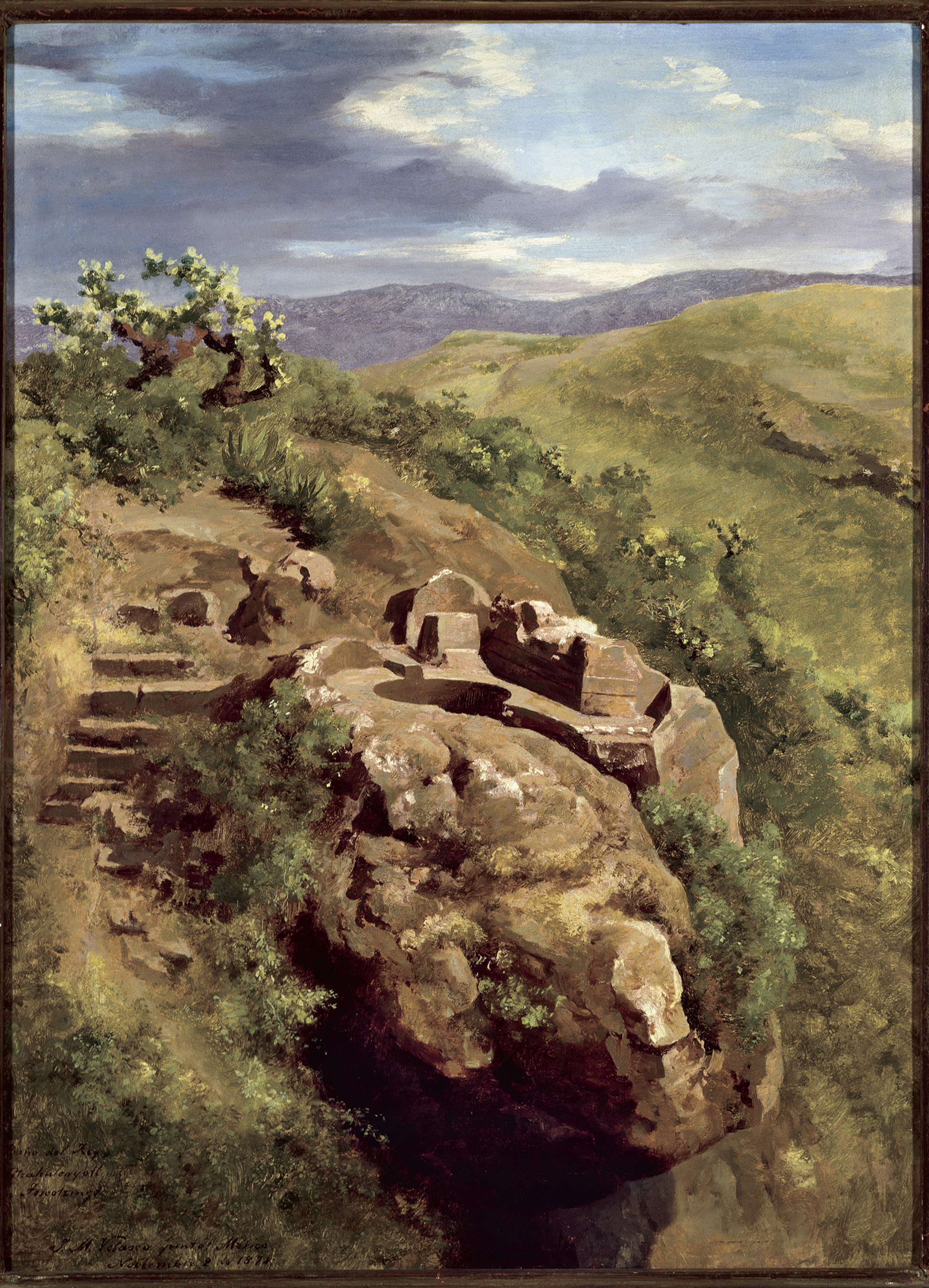 The painting The Baths of King Nezahualcóyotl by José María Velasco displayed at The National Gallery depicting the Texcotzingo archaeological site.