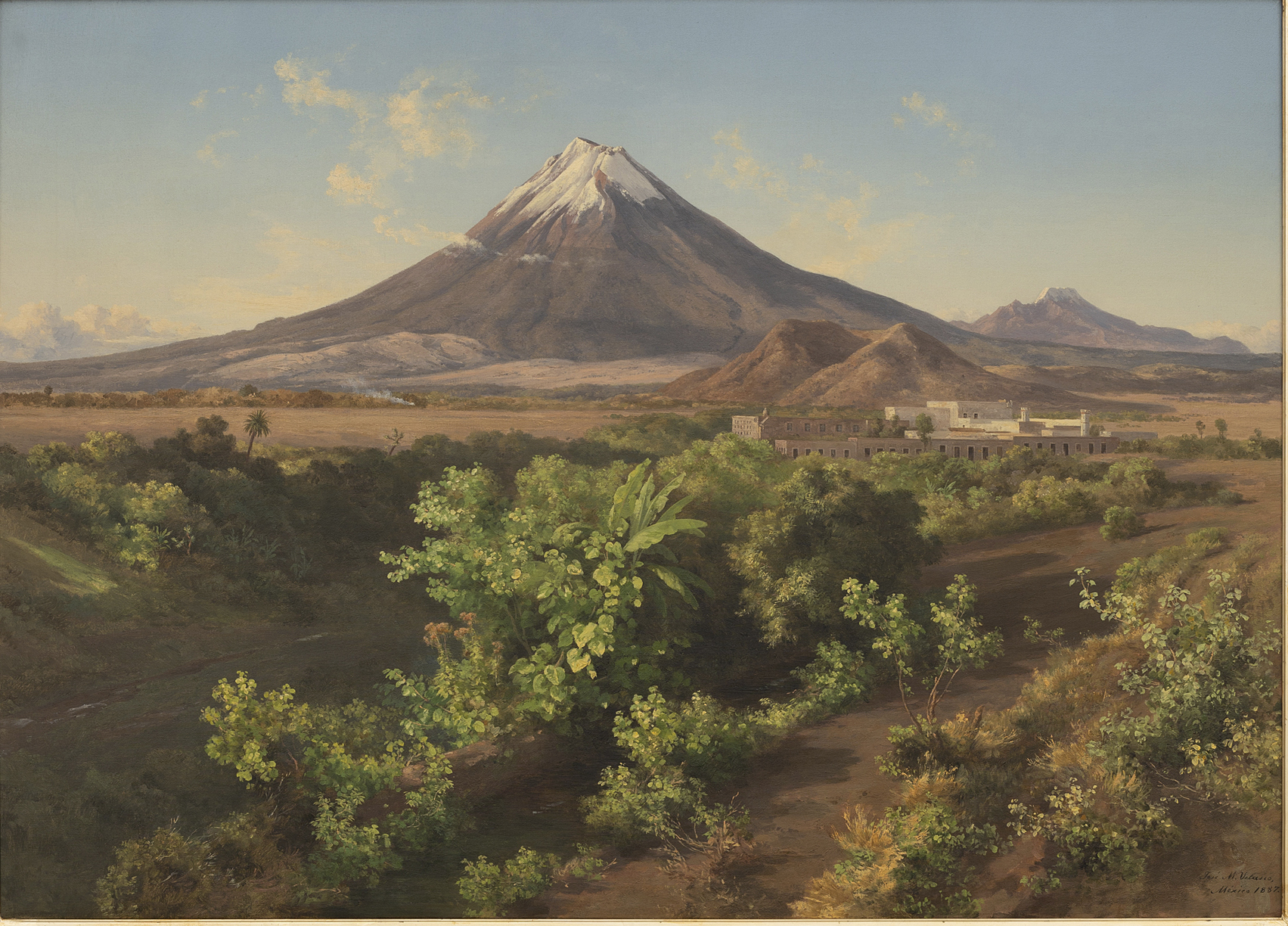 The Textile Mill of La Carolina, Puebla by José María Velasco displayed at The National Gallery depicting volcano peaks.