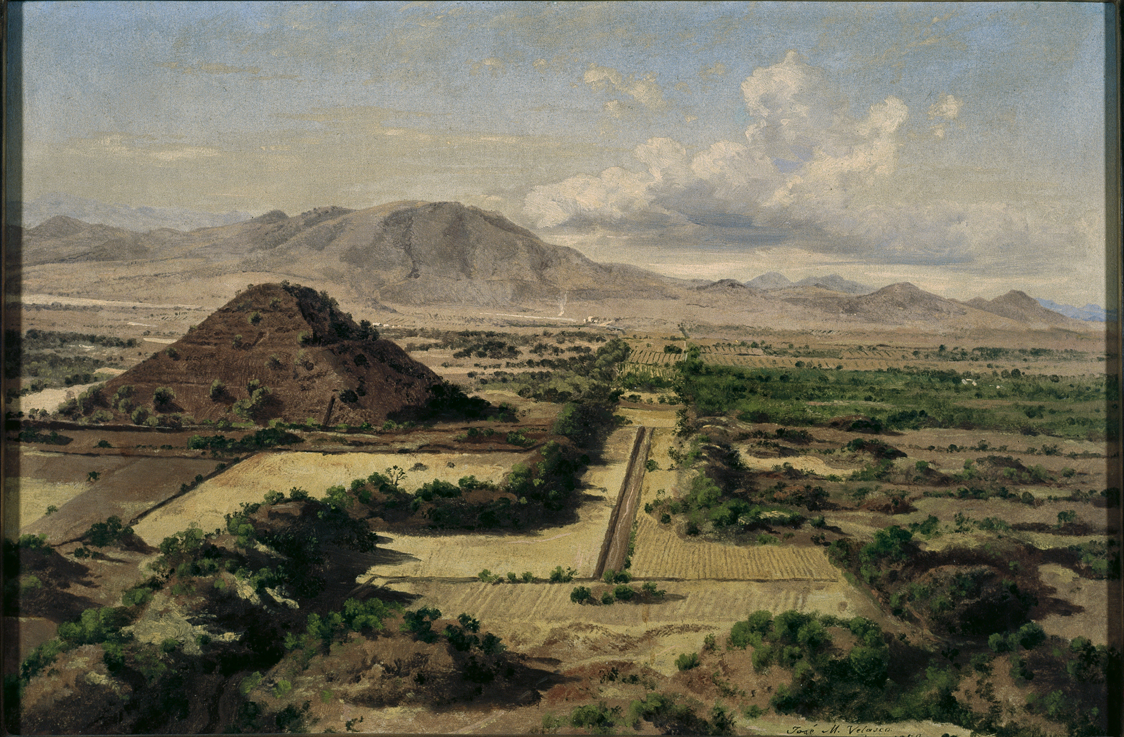 A painting by José María Velasco displayed at The National Gallery called The Pyramid of the Sun in Teotihuacán featuring a pyramid surrounded by vegetation.