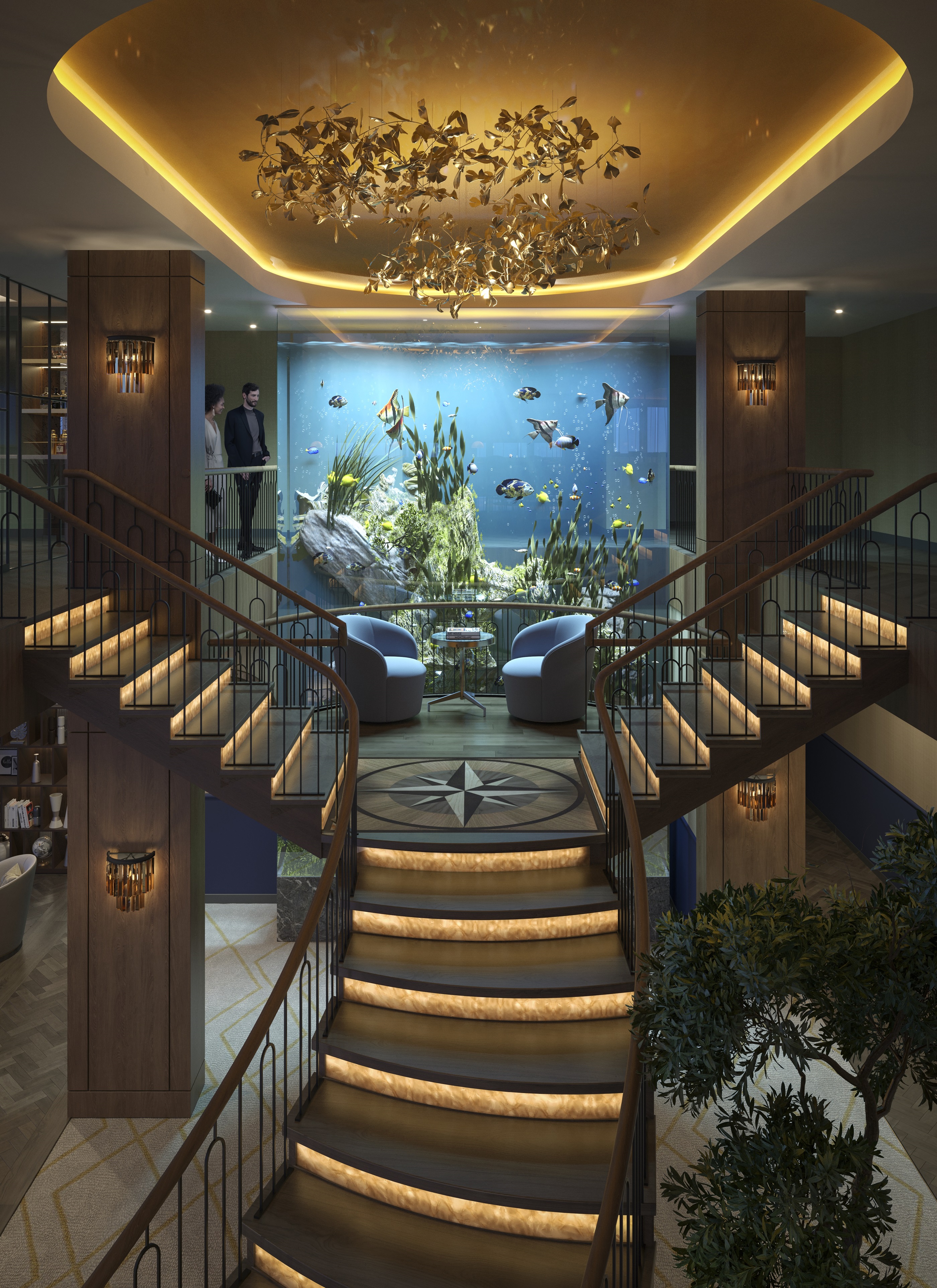 Art Deco Luxury London Properties - An aquarium in the centre of a staircase in the Mauretania Lounge.