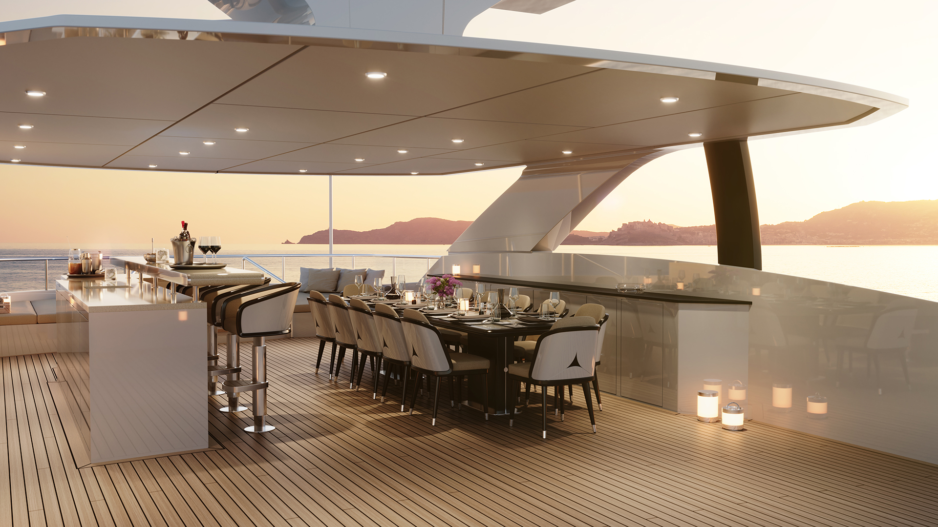 The sun deck of Heeson's Project Orion yacht as dusk.