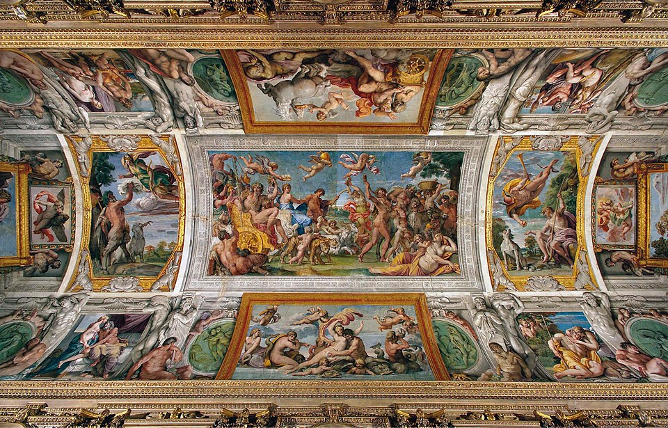 Colourful image of the complete ceiling at Palazzo Farnese Roma by Annibale Carracci