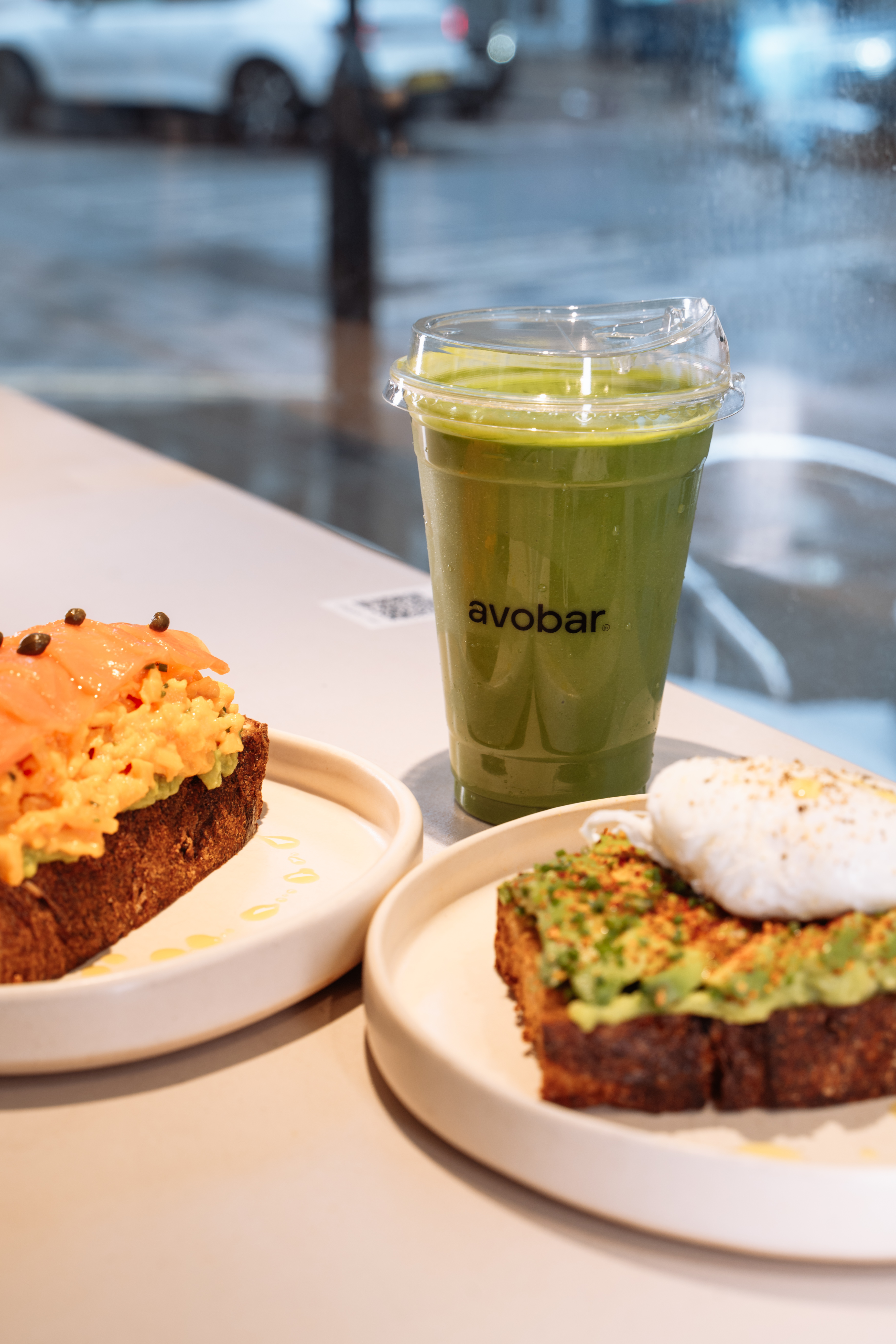 Avocado and scrambled egg toast and a green smoothie at Avobar.