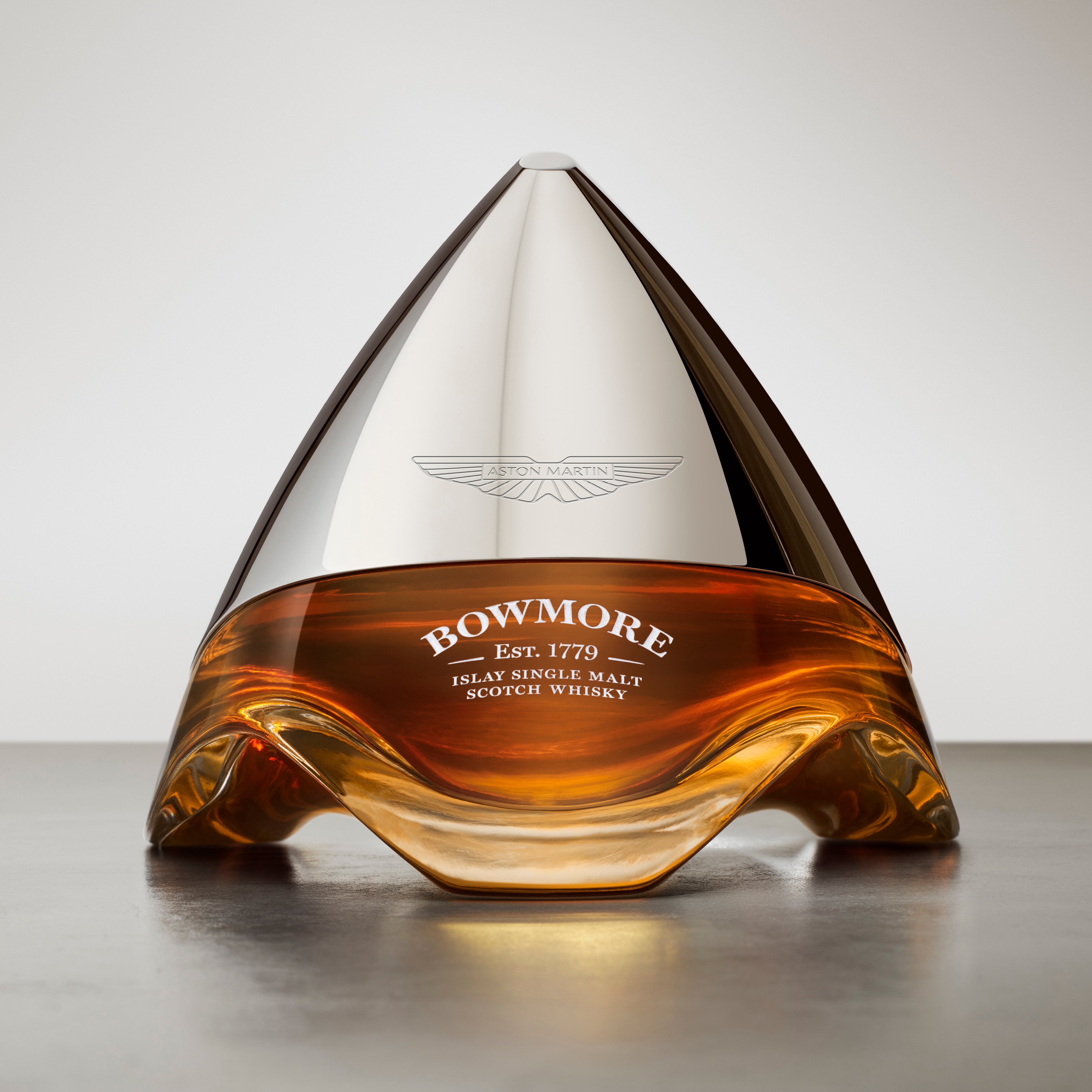 The geometric decanter of Bowmore ARC-54 as designed with Aston Martin.